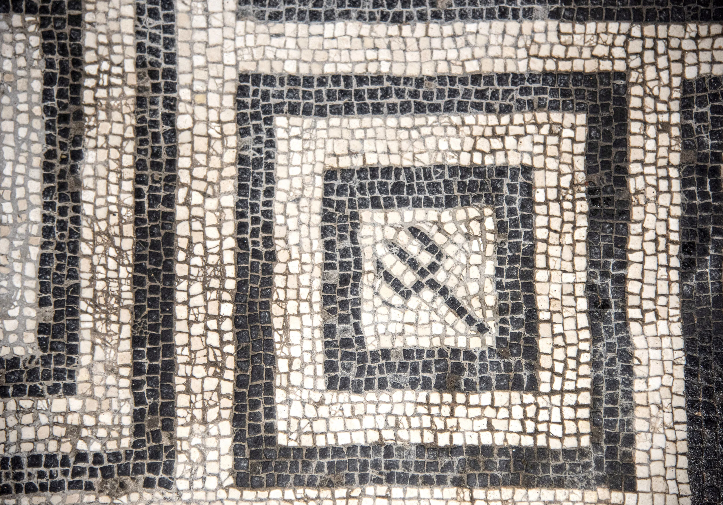 Baths of the Forum Women's Section - Tepidarium: Posiedon's trident in the center of the square of the labyrinth mosaic design.