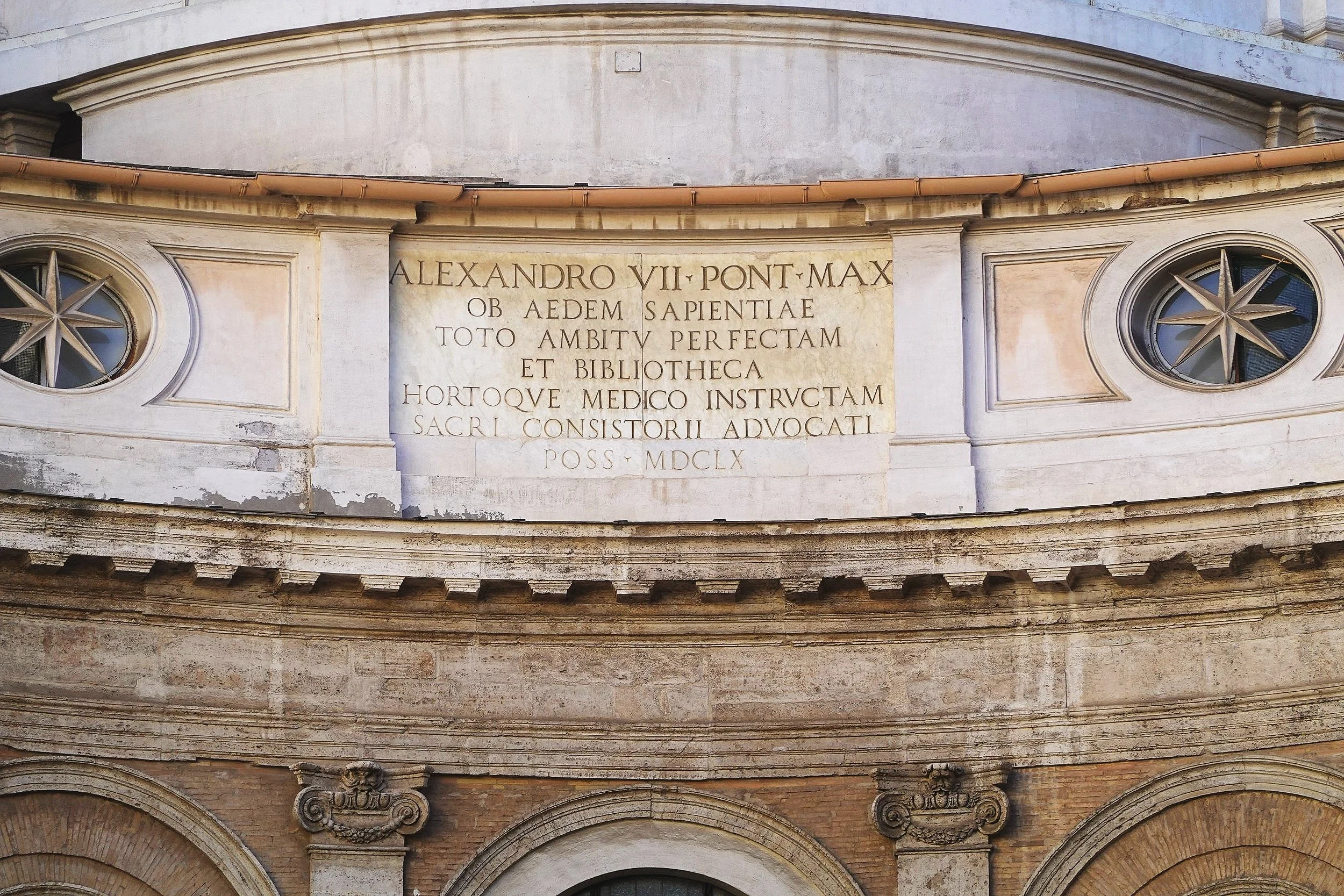 Inscription to Pope Alexander VII (1599 –1667), born Fabio Chigi, head of the Catholic Church and ruler of the Papal States from 7 April 1655 to his death, in May 1667