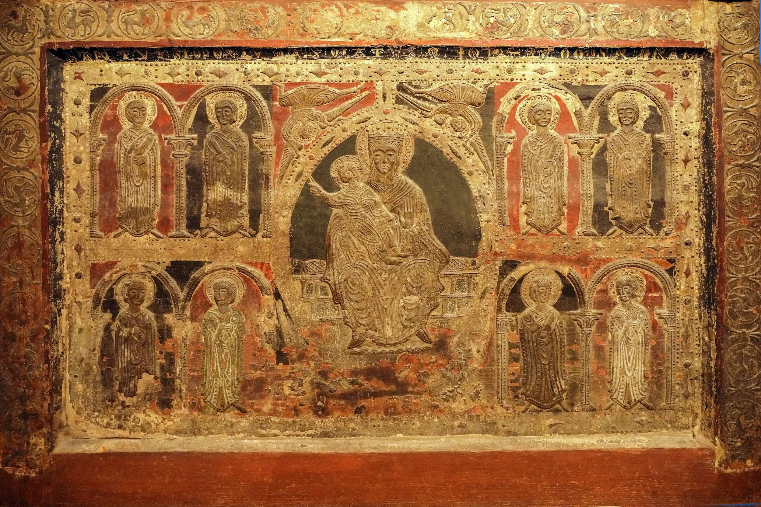 Langon Chapel altar antependium with Mary, Christ as an adult, and eight saints