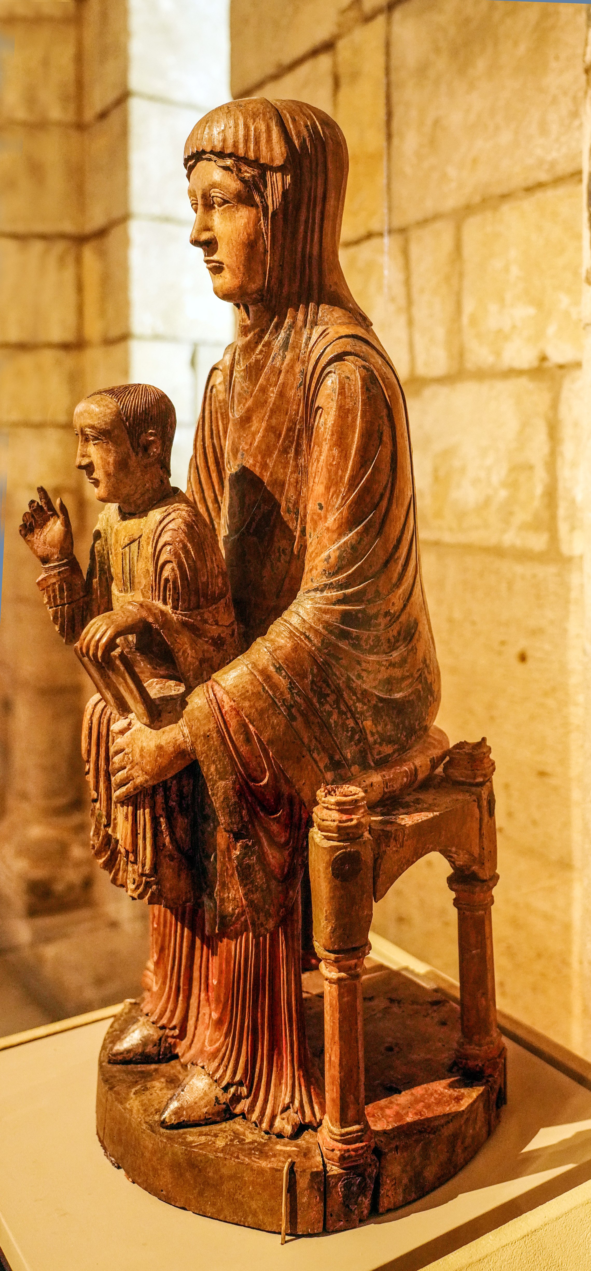 Enthroned Virgin and Child, Walnut with paint and tin leaf, French, Auvergne, ca. 1150-1200