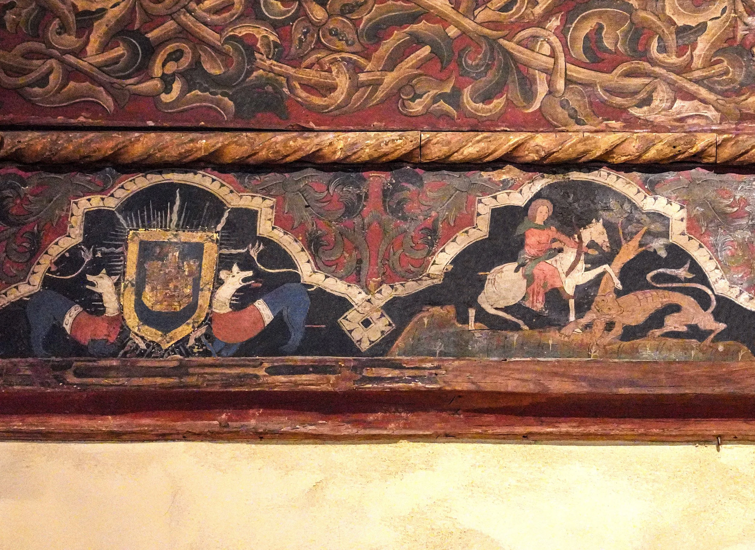 Ceiling (DETAIL), Spanish, Castile, ca. 1450-1500, Coat of Arms and hunter astride white horse pursuing possibly a tiger