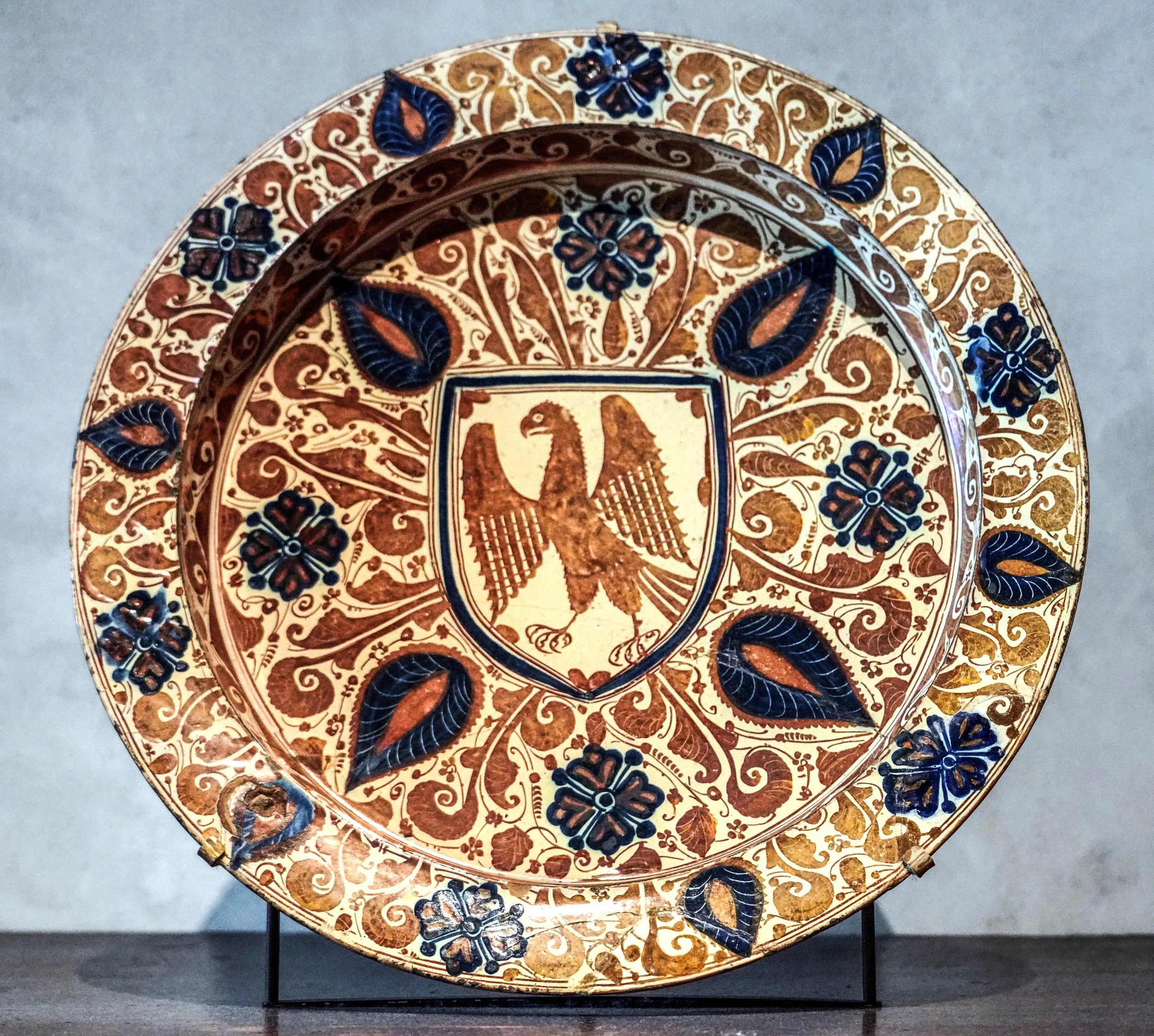 Deep Dish (Brasero) with Eagle, Tin-glazed and lustered earthenware, Spanish, Valencia, Manises, Ca. 1450-70