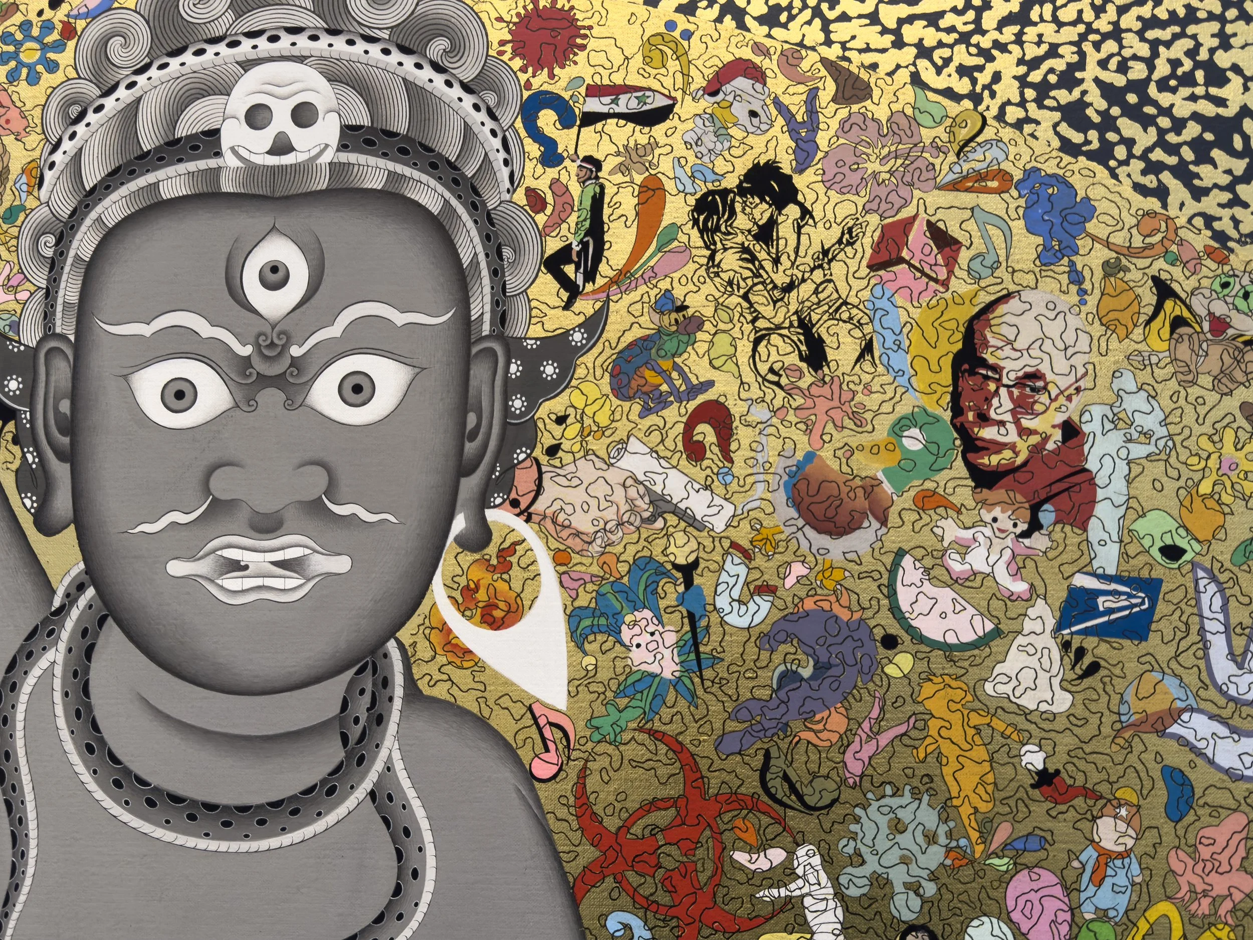 DETAIL: Untitled, 2012. Nimbus detail including an image of a radioactive, toxic, biohazard icon, the Dalai Lama, two lovers, a joker, etc.