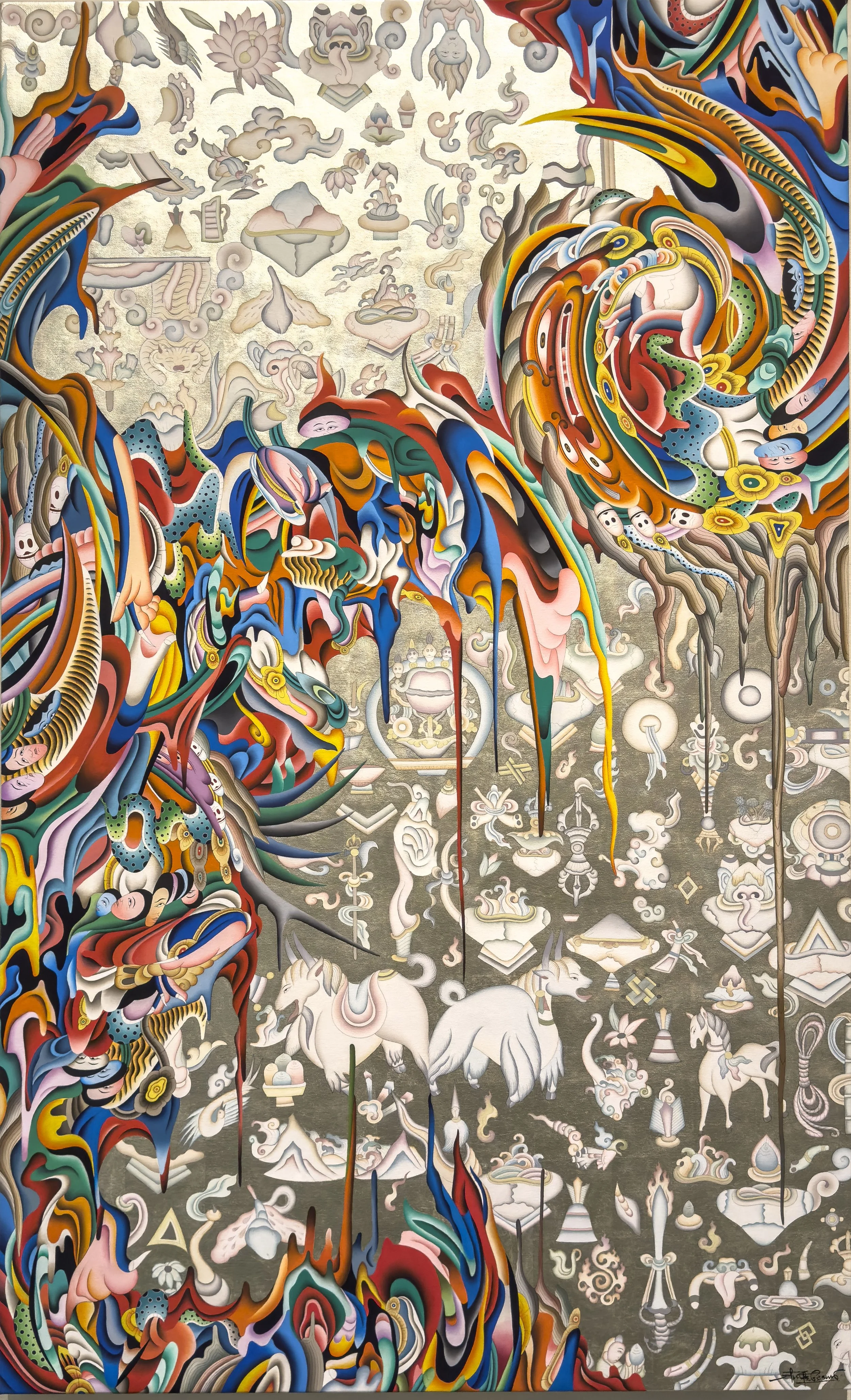 Interconnected and Indivisible, 2025. White gold leaf, acrylic, and ink on canvas. Tsherin Sherpa