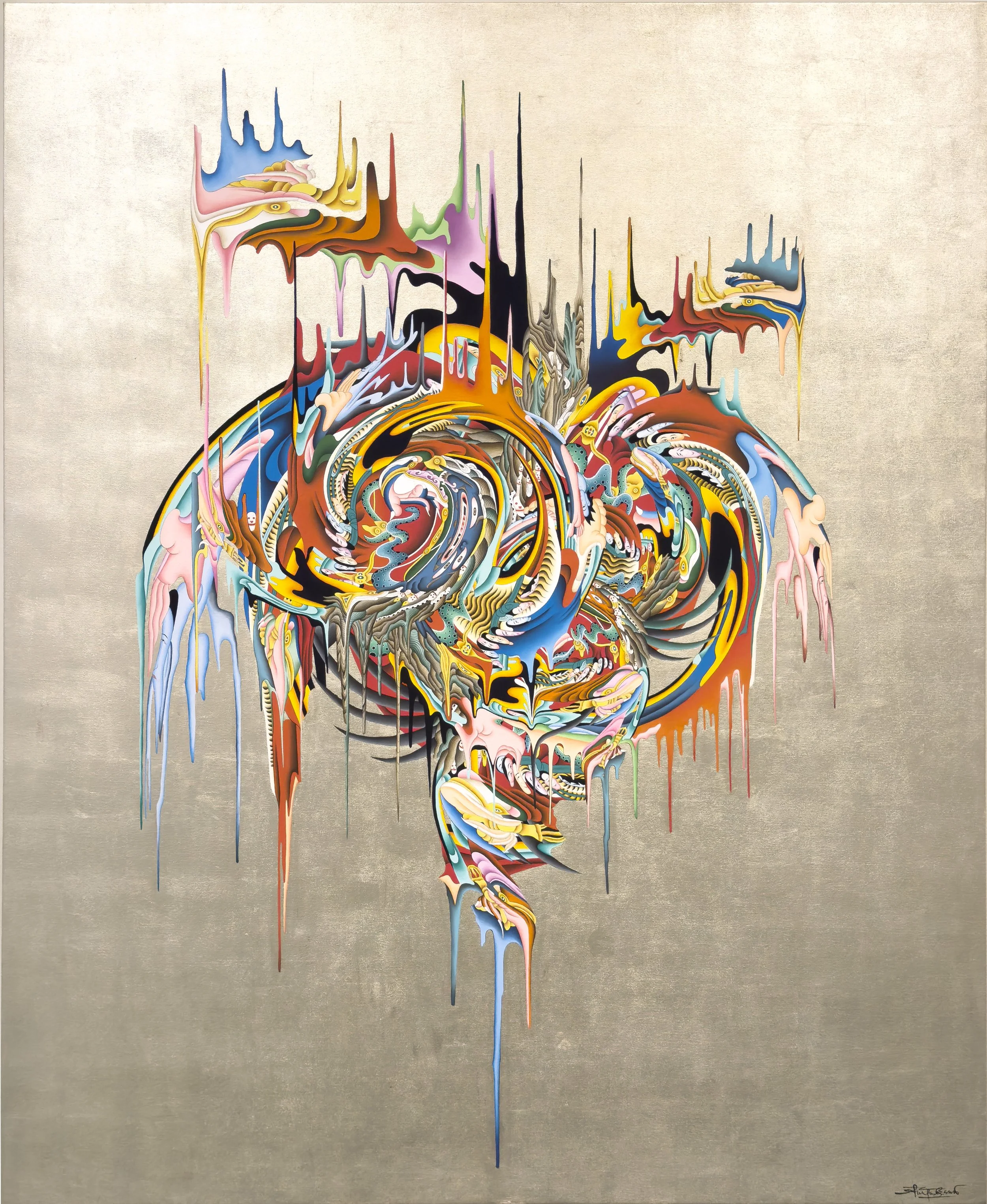 Nothing is Random or Accidental, 2003. White gold leaf, acrylic, and ink on canvas.