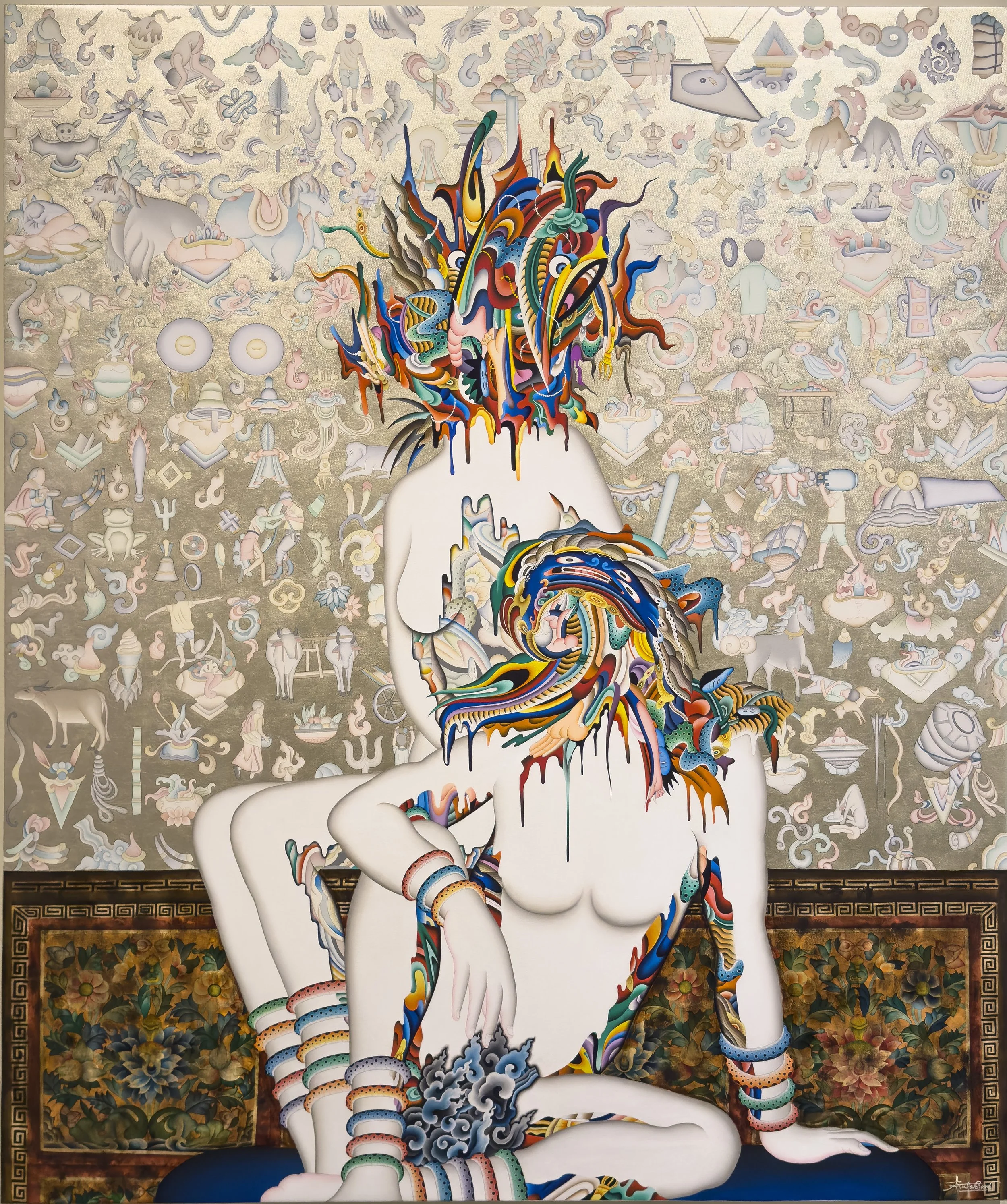 Portrait of Spirits, 2025, White gold leaf, acrylic, and ink on canvas.