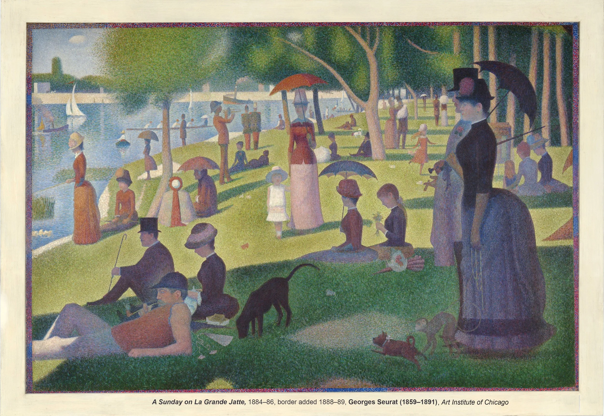 Located in the ART INSTITUTE OF CHICAGO: A Sunday on La Grande Jatte, 1884, Georges Seurat