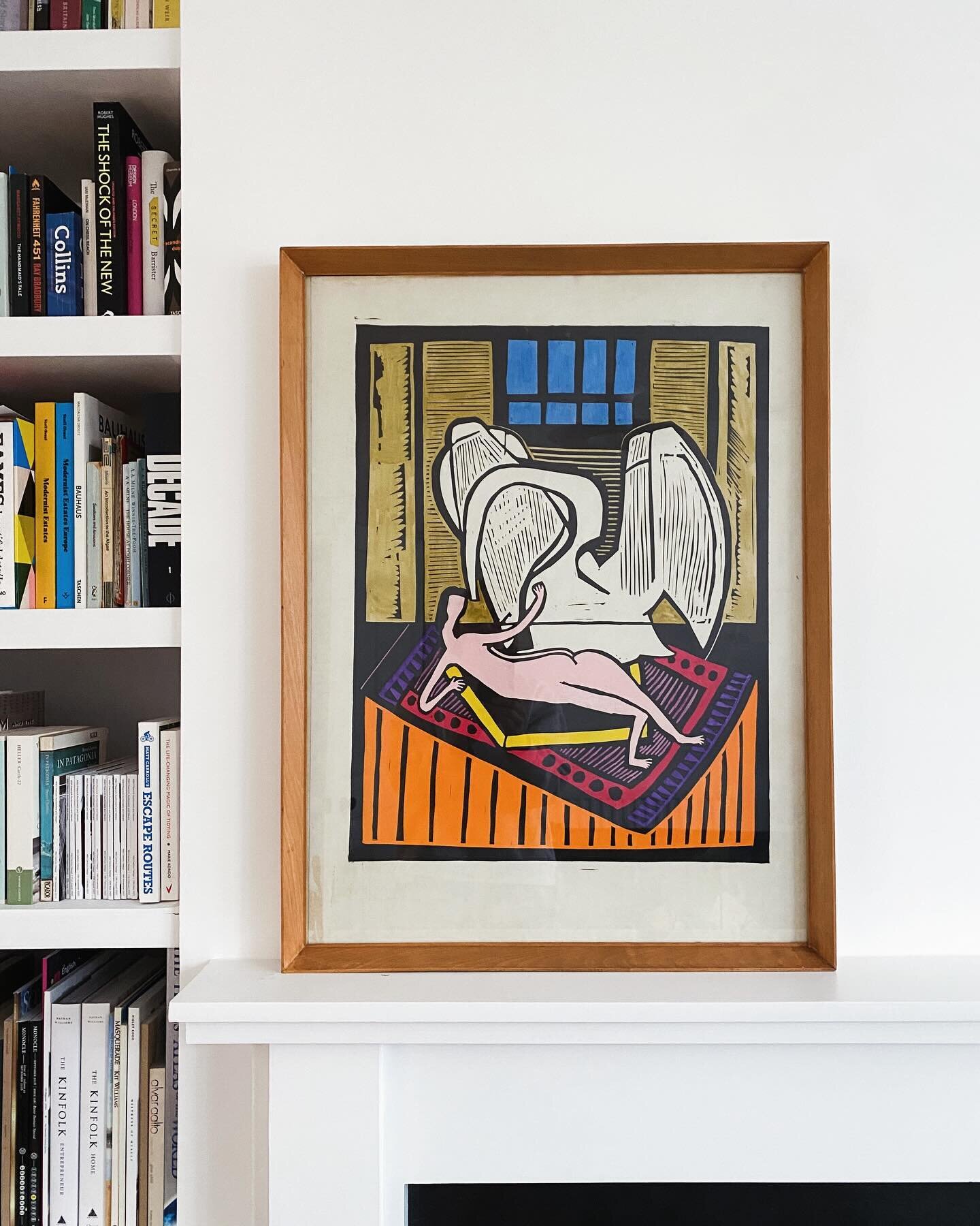 An abstract composition of a nude figure serenaded by a stylised swan by Conrad Lewis.  The unsigned artwork sits in a glazed, wooden frame with the artist&rsquo;s handwritten notations and paper labelling to the back. Overall, the linocut is in good