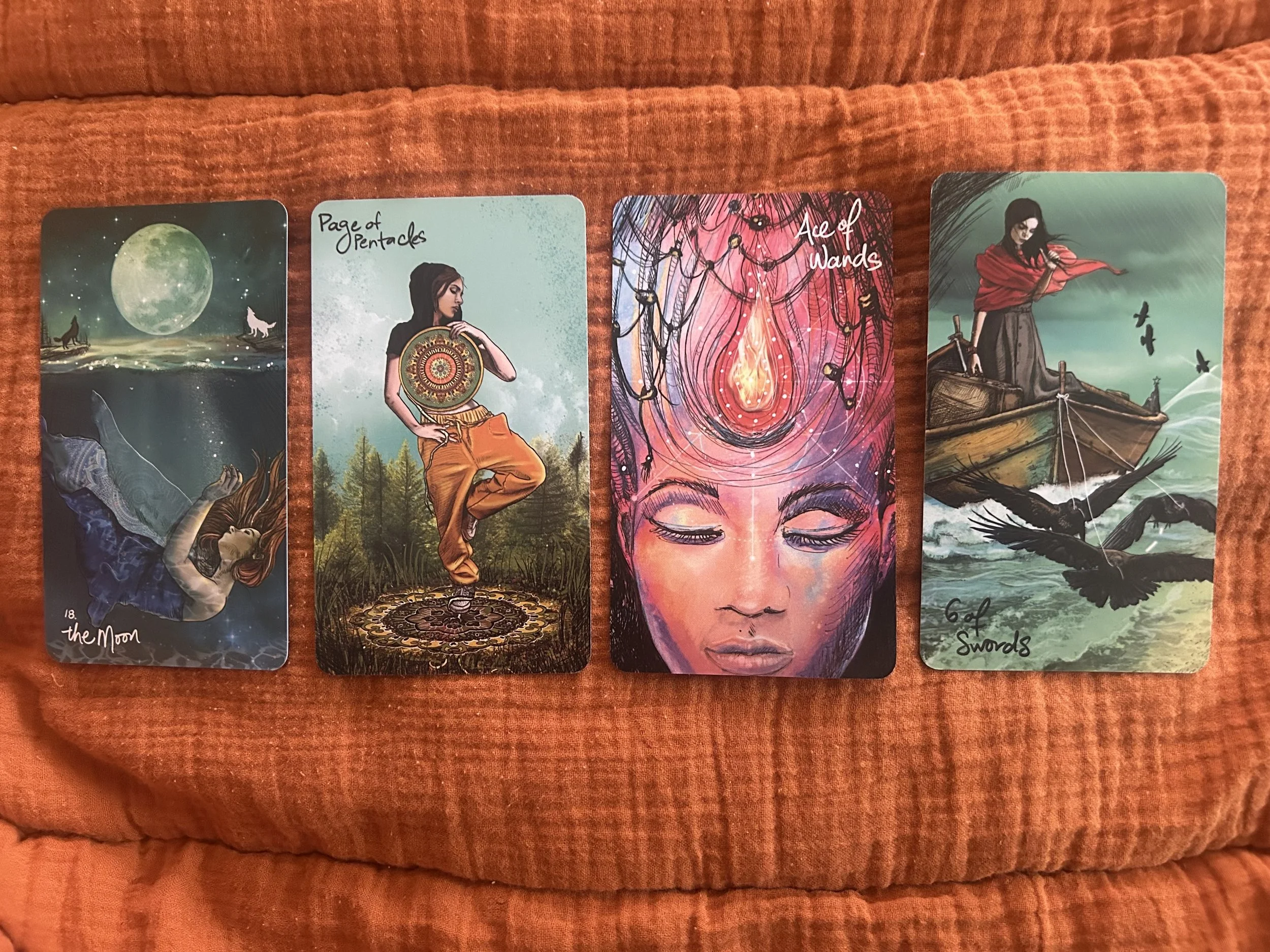 Threshold tarot Joural no. 1|the moon,page of pentacles, ace of swords, six of swords