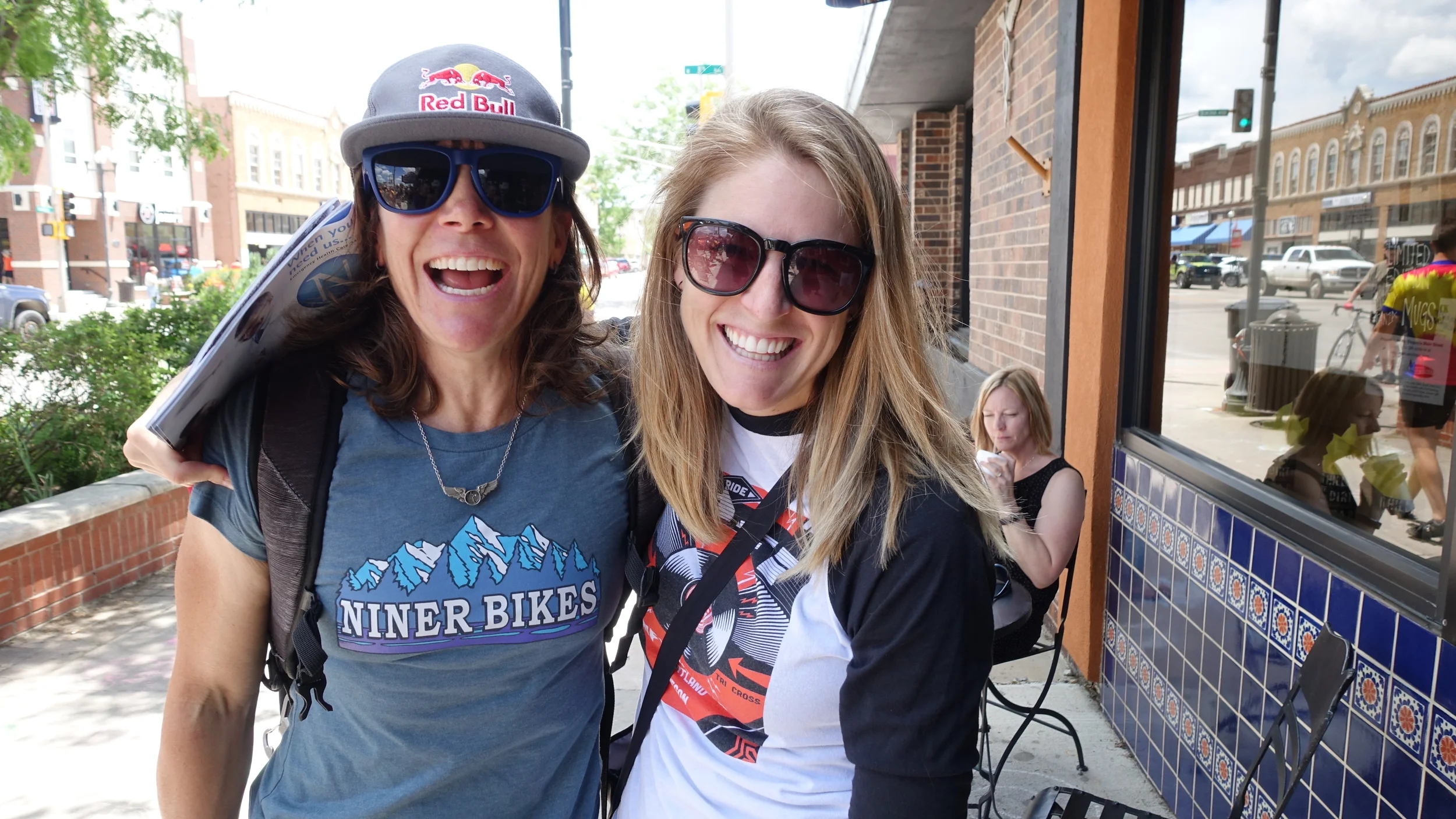 Two of the toughest ladies on bikes, Rebecca Rusch and Kristen Legan, were happy to catch up. 
