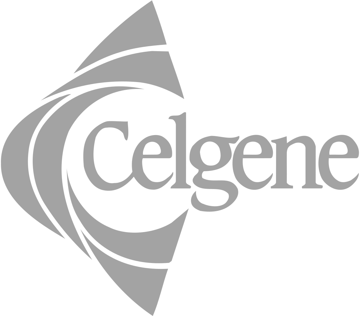 Gray logo of the word 'Celpene' with abstract shapes in the background.