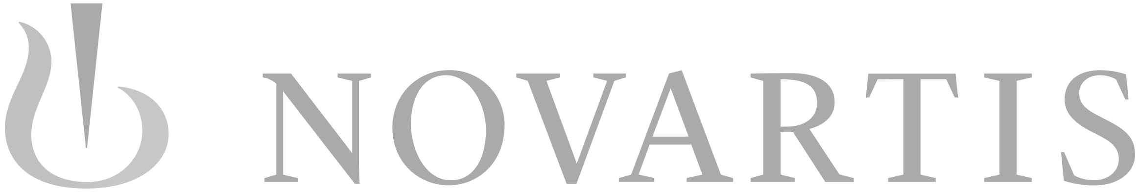 A grayscale logo with a stylized symbol resembling a drop or a flame and the word "NOVARTIS" written in uppercase letters.