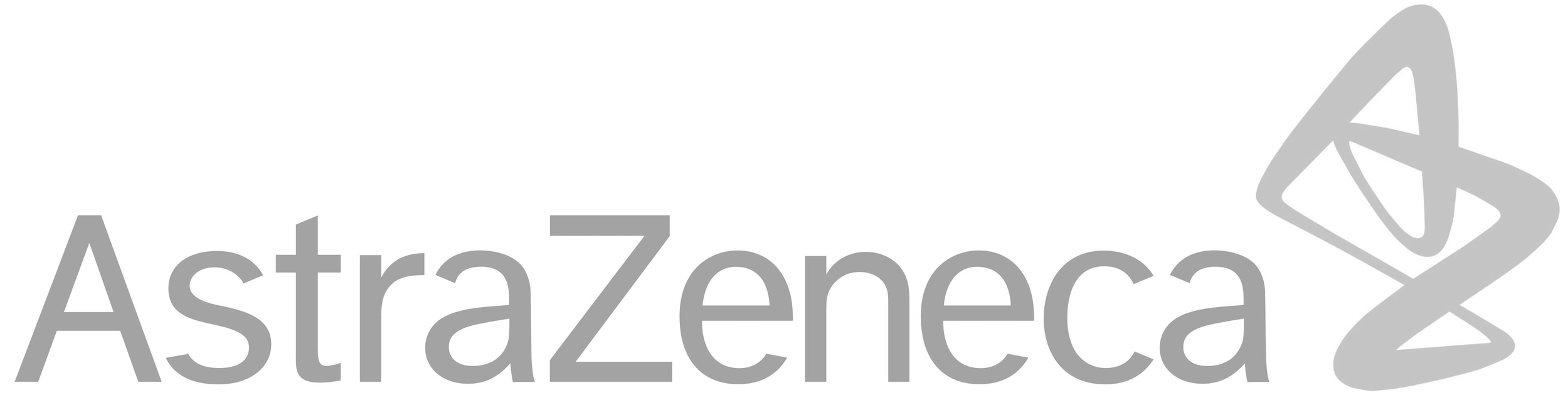 A large graphic with the text 'AstraZeneca' in gray, alongside a stylized, abstract butterfly logo also in gray.