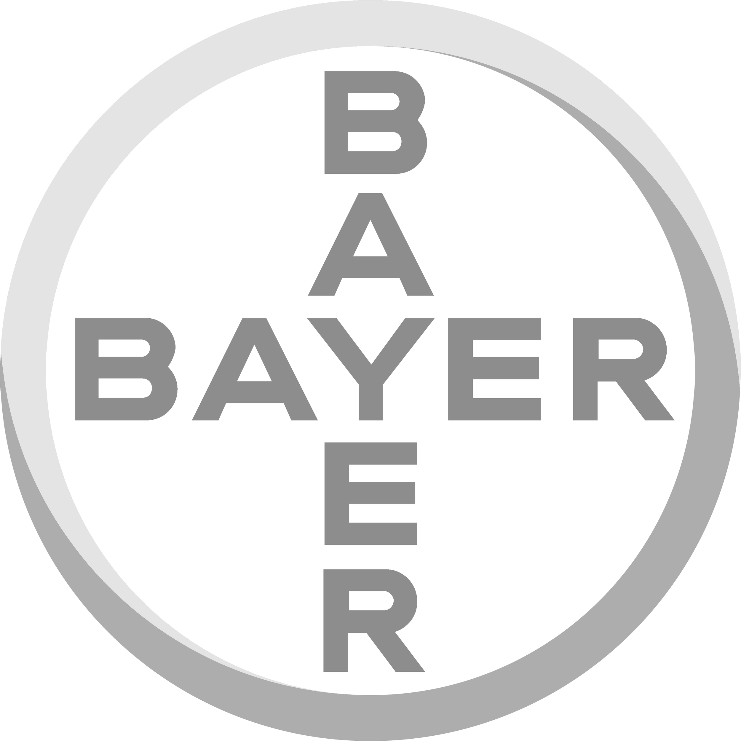 Gray circular logo with the word 'Bayer' arranged vertically and horizontally, creating a cross in the center, with a gray border.