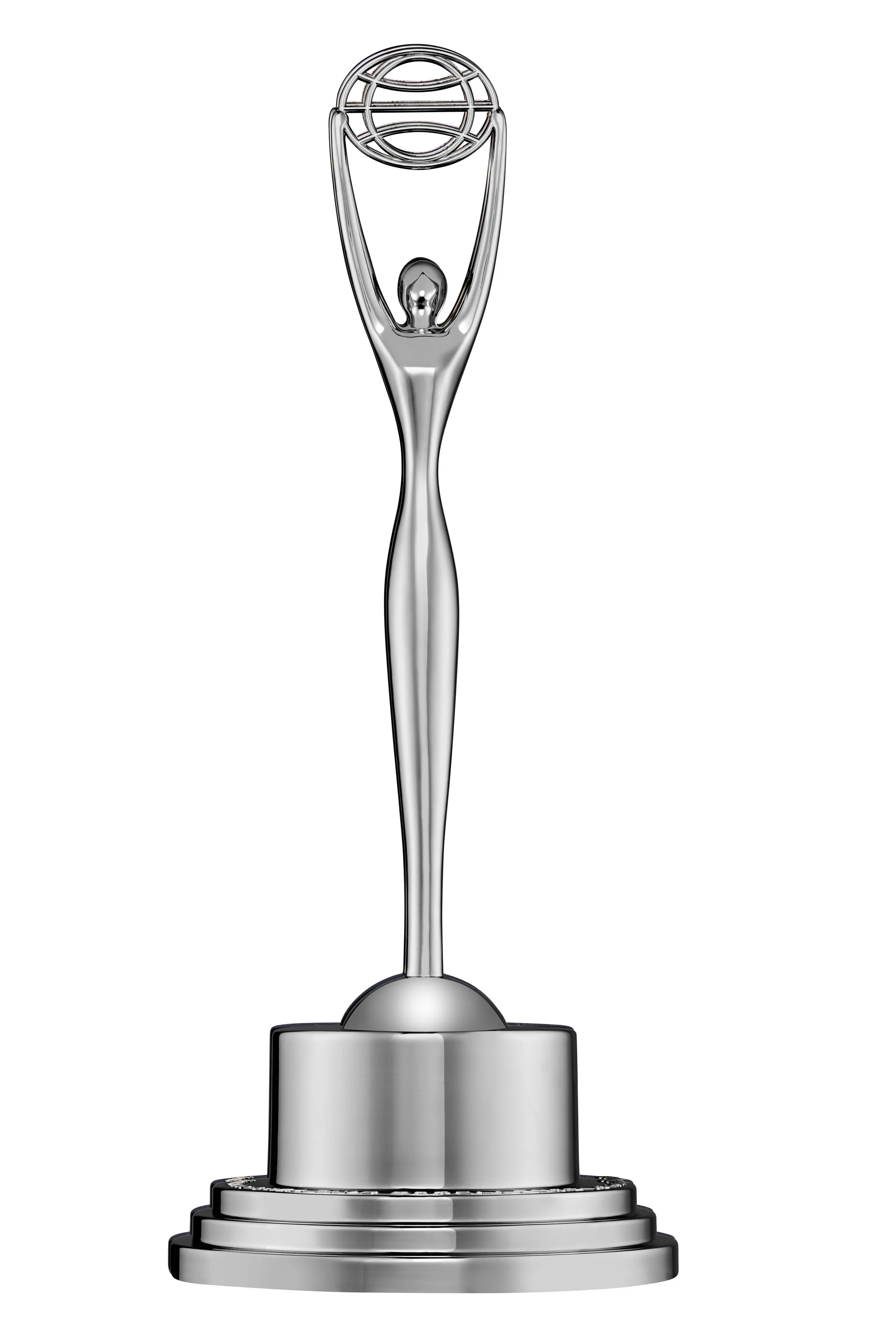 A silver trophy with a globe design at the top, mounted on a round base with stepped tiers.