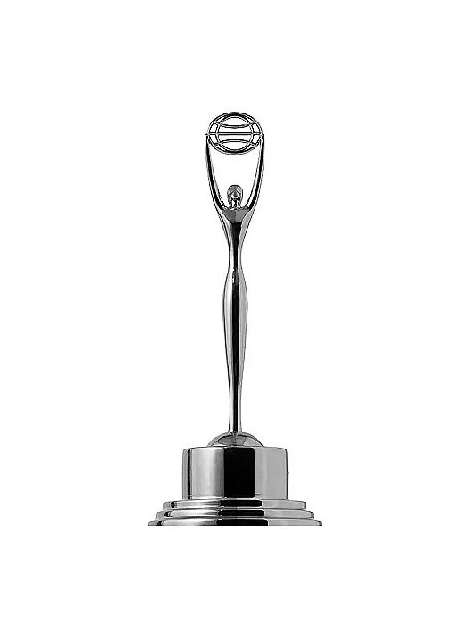 The image shows a silver trophy with a round top and a slender stem, mounted on a tiered base.