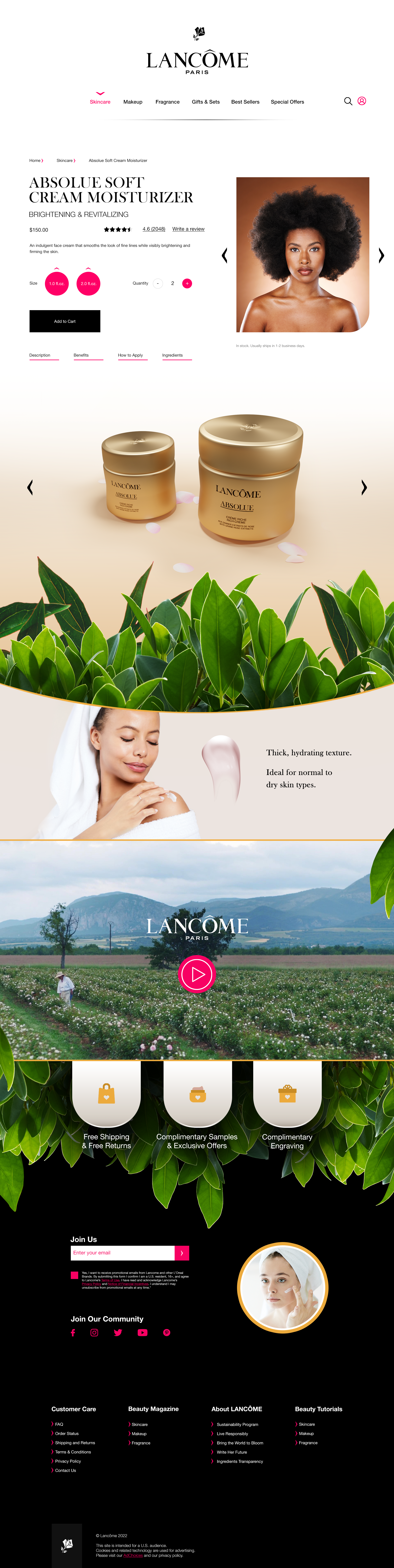 A webpage for Lancome Paris showcasing skincare products, including a cream moisturizer, with images of a woman with natural hair and another with a skincare routine, green leaves, and a scenic landscape of fields and mountains.