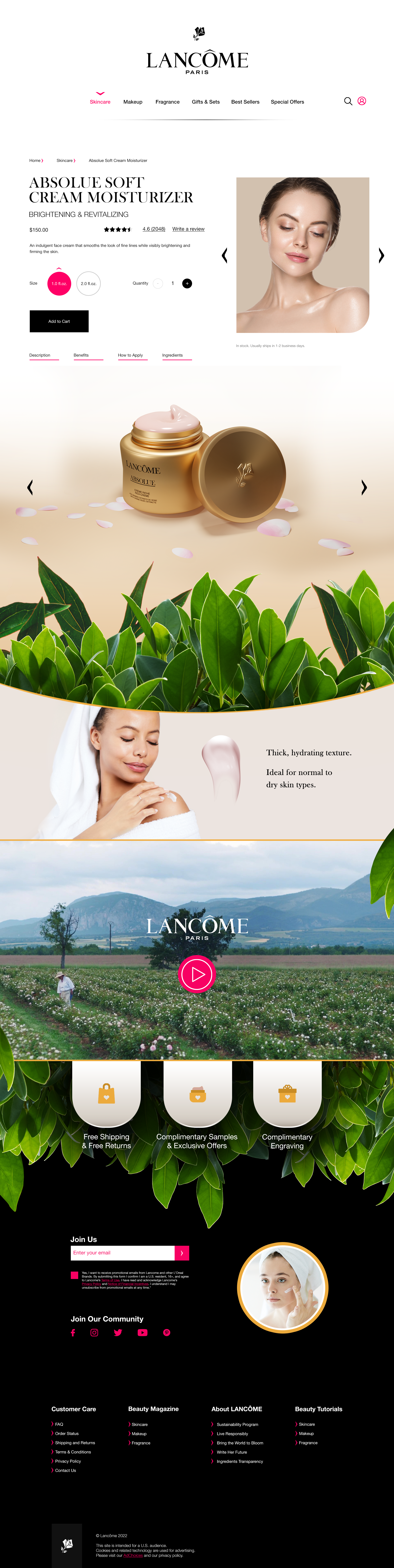A webpage for Lancôme Paris featuring a cream moisturizer product, a woman applying skincare, a scenic landscape, and icons for free shipping, sampling offers, and engraving.
