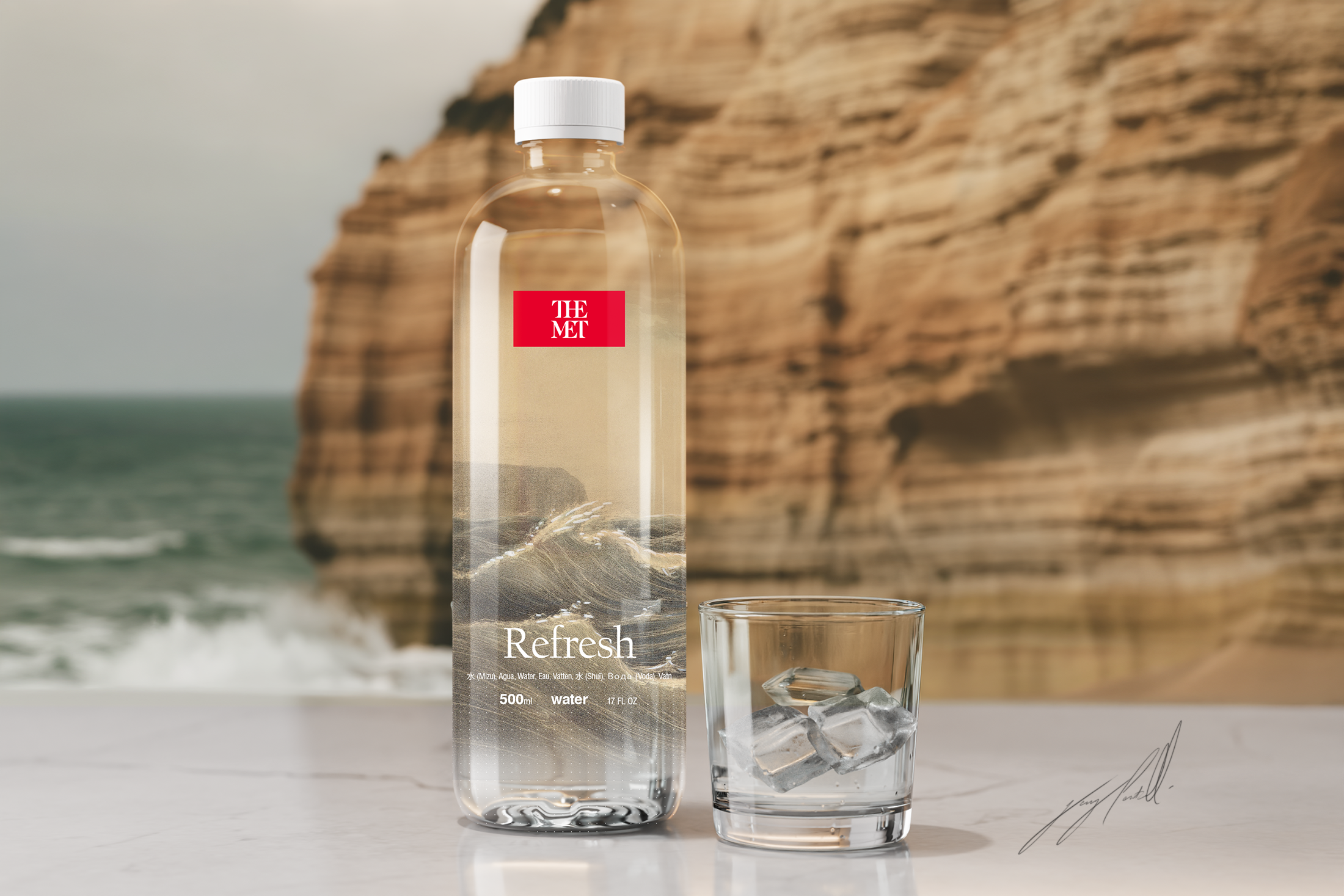 A bottle of water labeled "Refresh" with a glass of ice cubes and a scenic beach background featuring cliffs and the ocean.