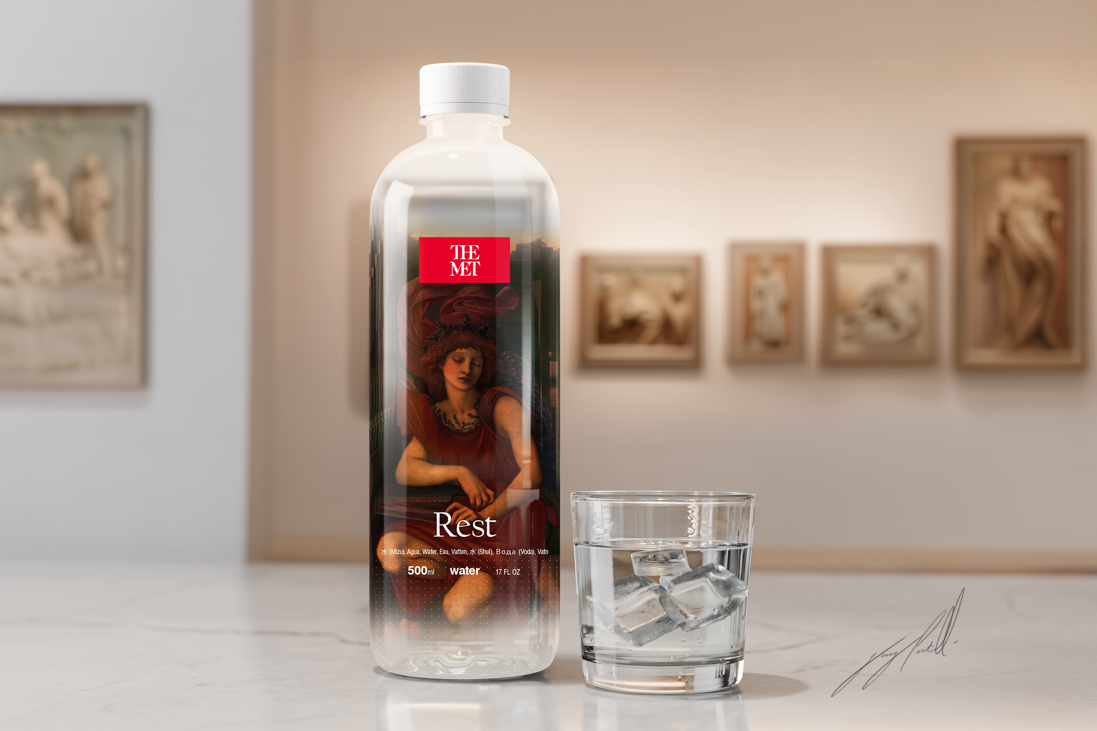 A water bottle labeled 'Rest' with a painting of a woman on it, standing next to a glass of water with ice cubes, on a white surface in an art gallery.