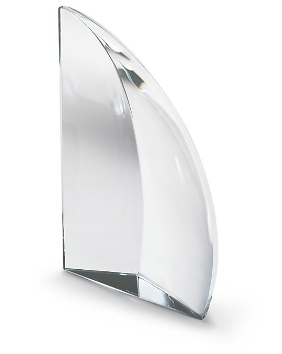 Clear glass award or trophy with a modern curved design.