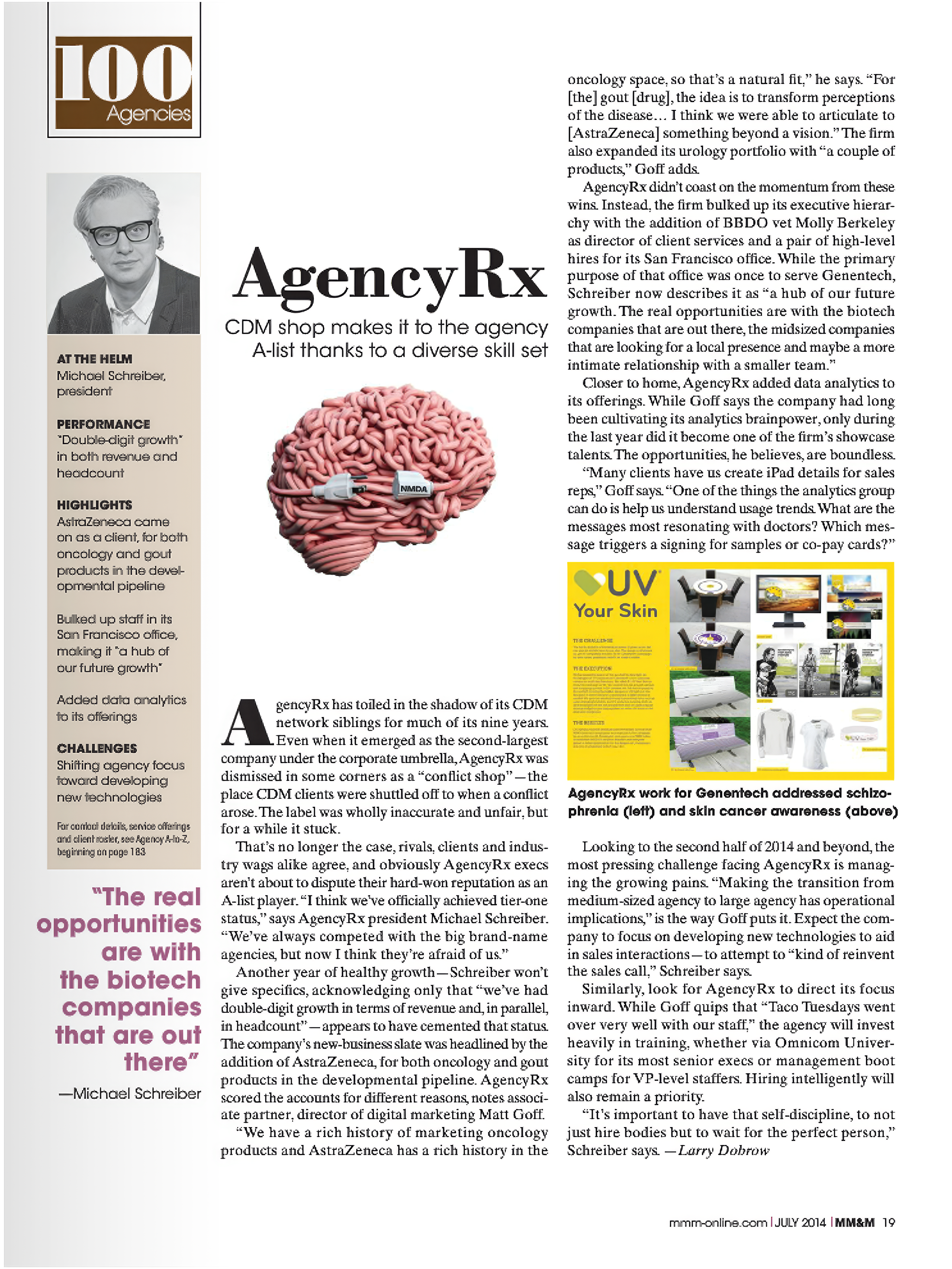 Page from a magazine article featuring AgencyRx, a company in the biotech field. Includes a photo of Michael Schreiber, headlines, and images of products related to skin and medical devices.