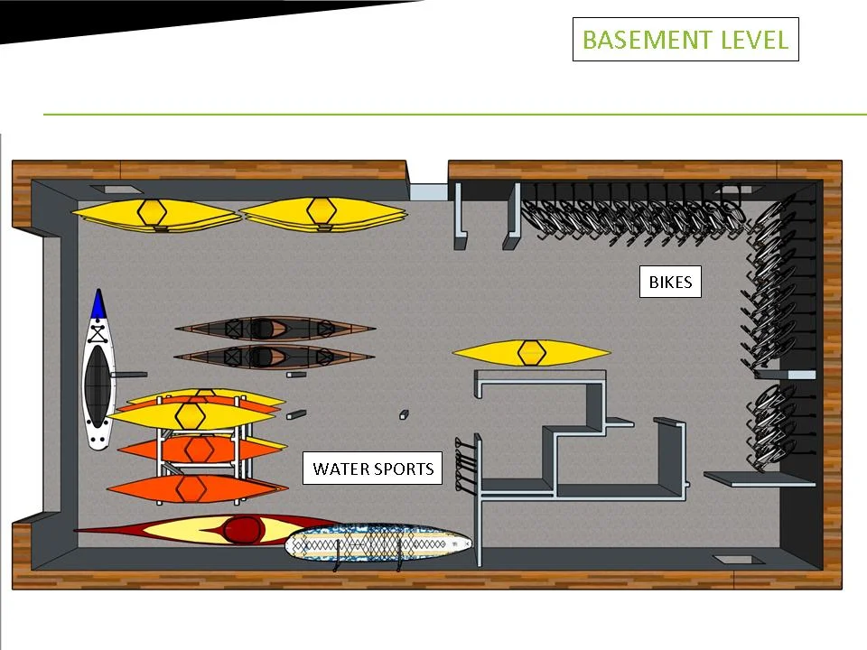 Lower level water sports display and bike storage.