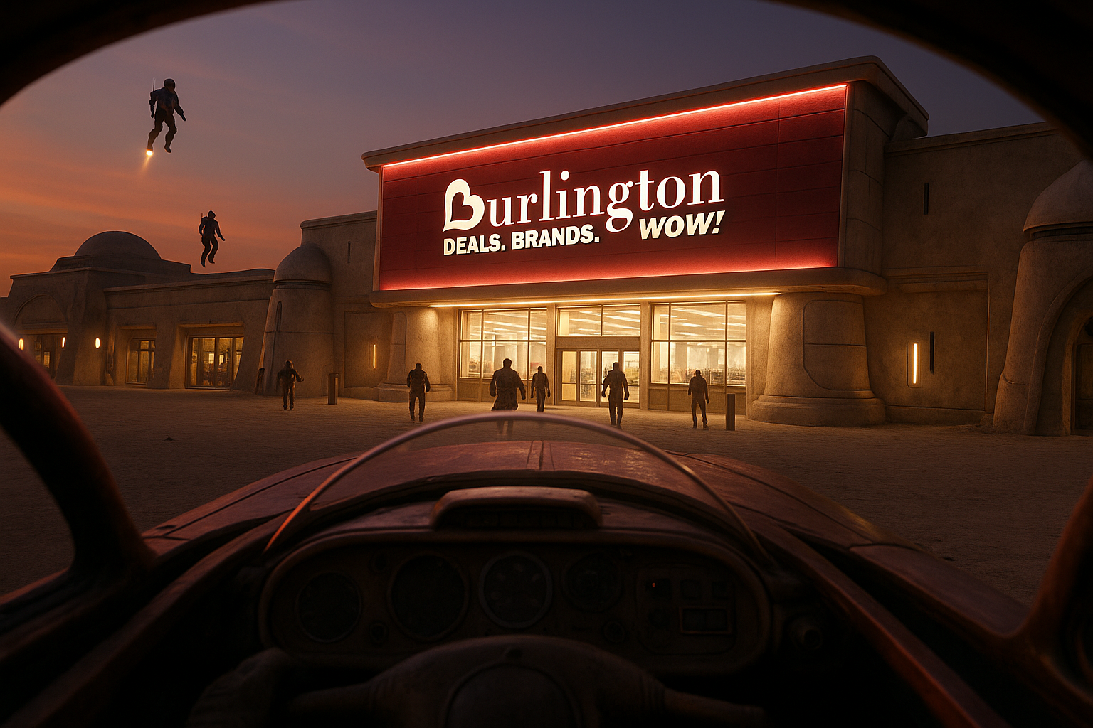 Burlington: Tatooine Concept Store
Creative Exploration – SketchUp + AI Rendering
On the far edge of the galaxy, under the blazing twin suns of Tatooine, Burlington reimagines retail for a new frontier. This conceptual store blends brand familiarity 