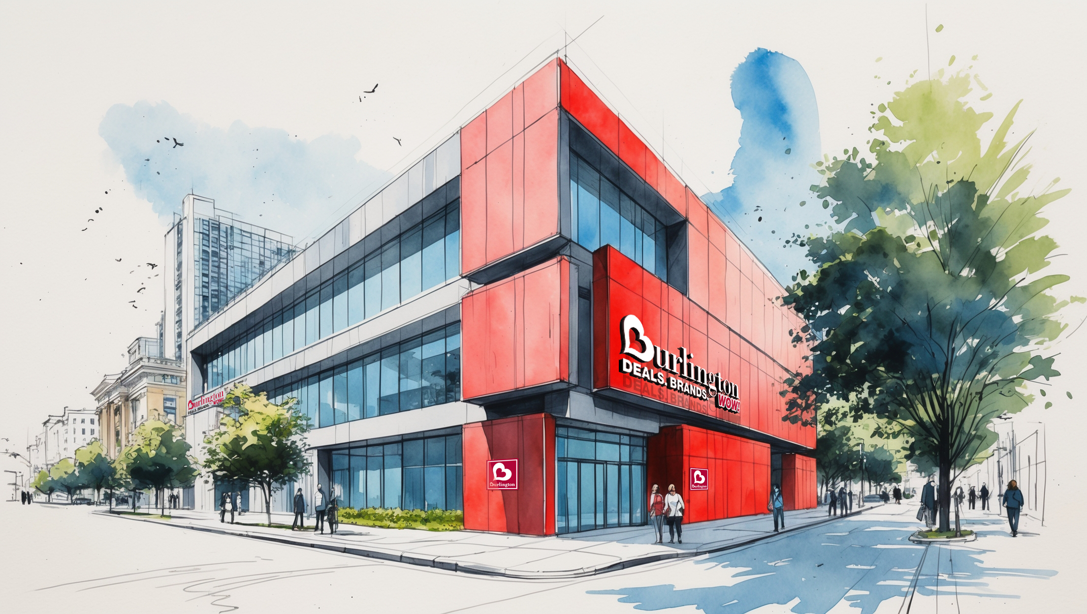 I developed this conceptual urban façade study using SketchUp and Photoshop to reimagine Burlington’s exterior entrance and brand presence. The design explored bold architectural branding, enhanced visibility, and a stronger street-level identity whi