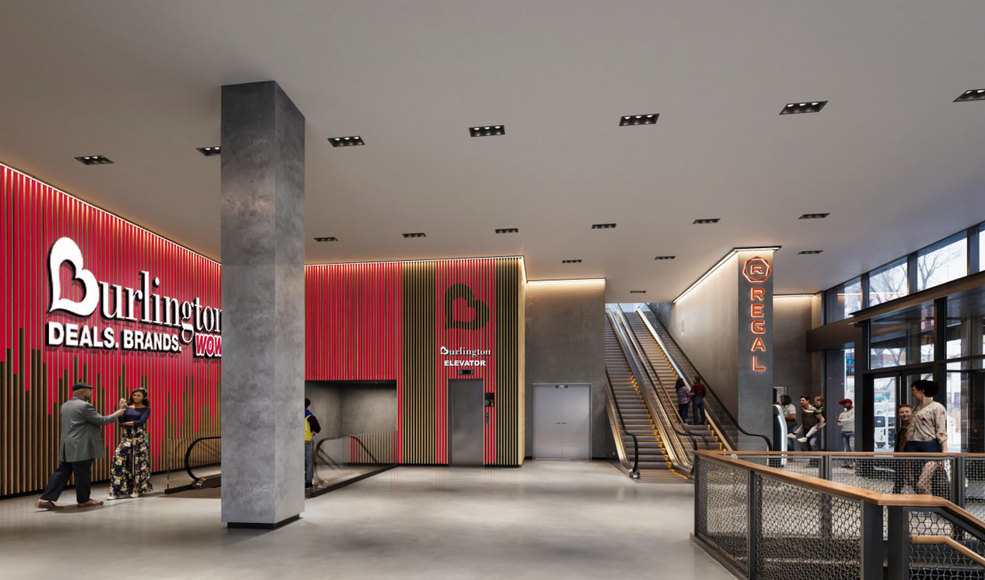 This project involved designing a shared street-level lobby for an urban New York City location, balancing Burlington’s brand presence with the requirements of the landlord and neighboring tenants. I developed a concept that built on the lobby’s exis