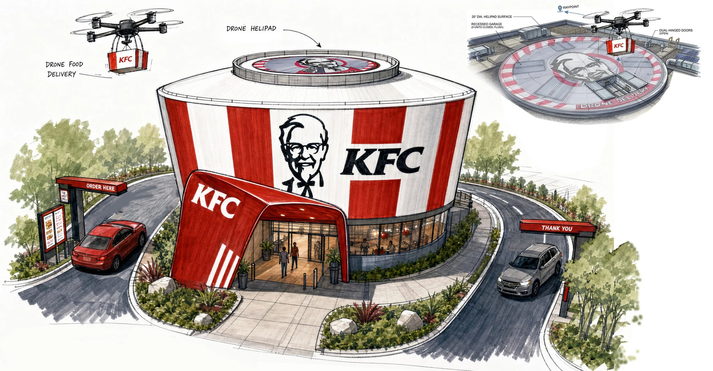 Futuristic KFC "Bucket" concept store featuring automated drone delivery.