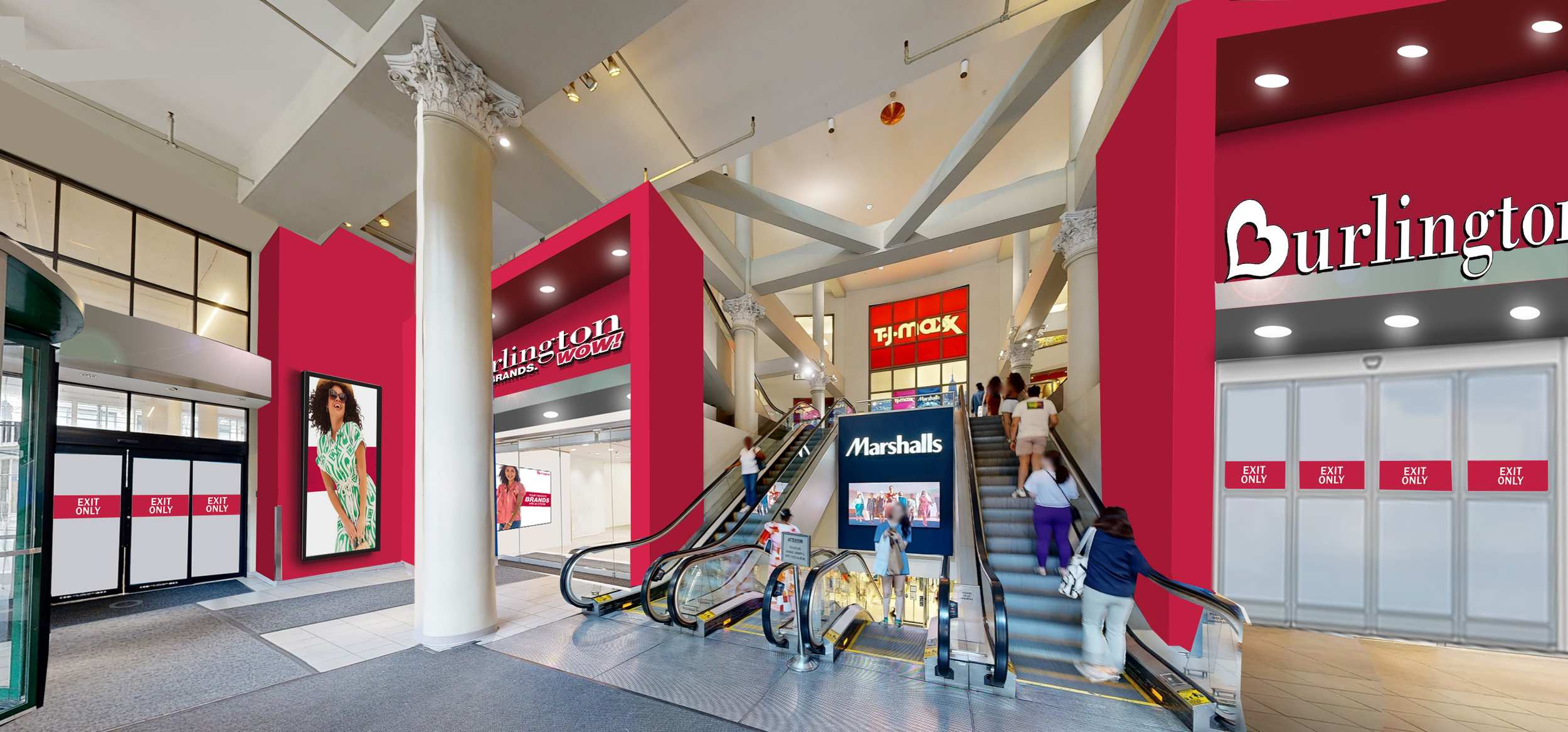 For Burlington’s Chelsea flagship store, which opened in spring 2026, I reimagined the shared street-level lobby to create a stronger branded arrival and a more intuitive customer journey. The concept introduced redesigned entry and exit portals, bol