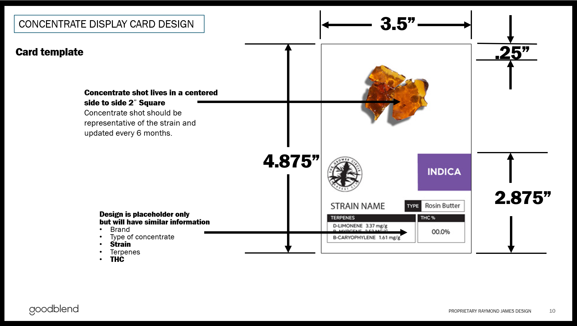 The concentrate card presents essential product details—including brand, concentrate type, strain, terpene profile, and THC content—in a standardized format. A centered 2-inch product image gives customers a visual reference while preserving a clean,