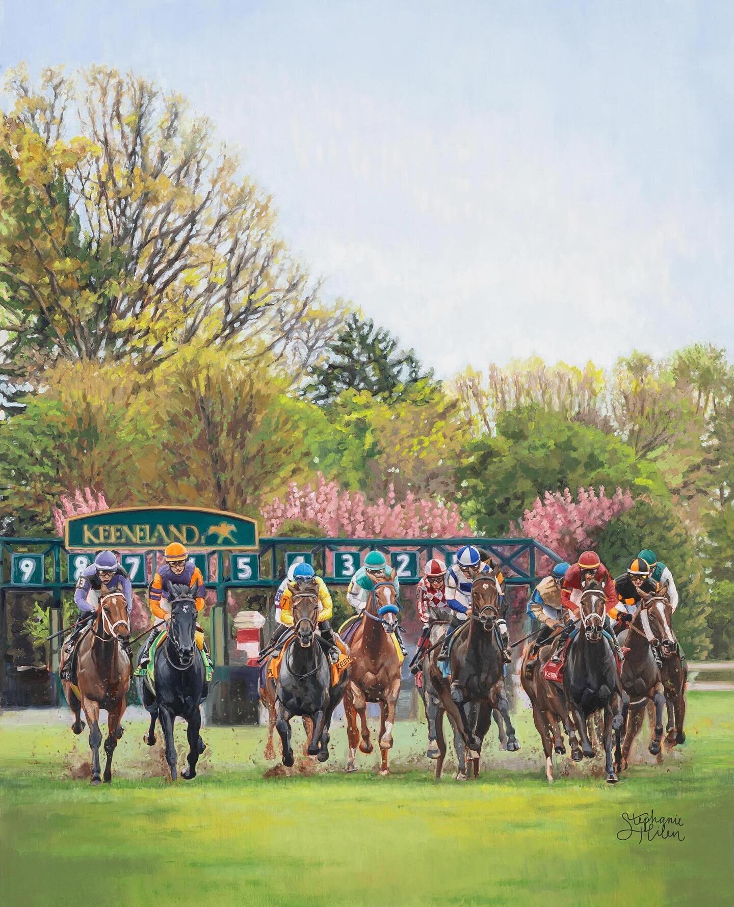 A limited amount of @keeneland Spring Meet 2024 posters now available via @shopkeeneland! ⁣⁣
⁣⁣
&ldquo;Spring Out of the Gate&rdquo;⁣⁣
24&rdquo; x 30&rdquo;⁣⁣
Oil on panel⁣⁣
⁣⁣
What a dream to create this painting for Keeneland!! I&rsquo;m excited to