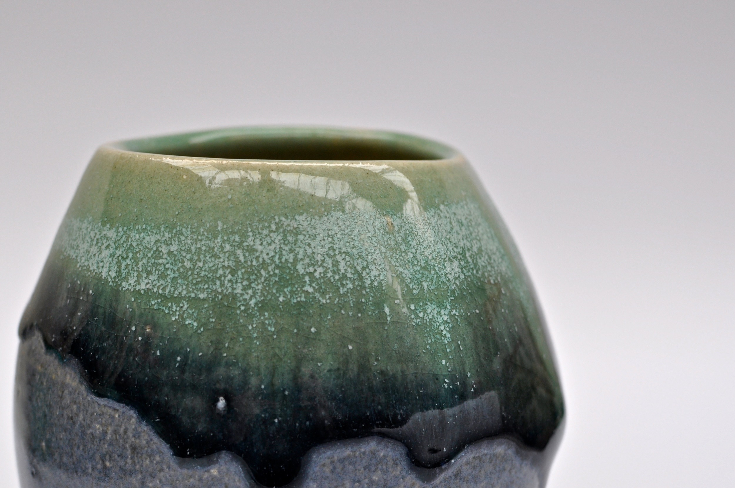 Green glaze with blue speckles on round vase in Dublin IR Shannon May Mackenzie