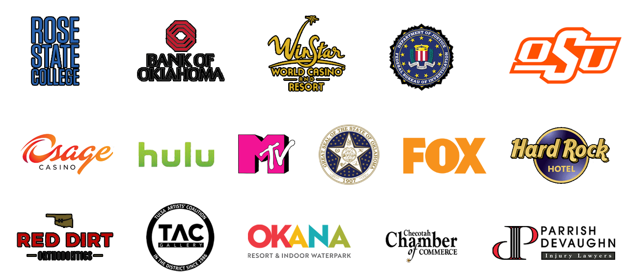 Client logos including Hulu, the Oklahoma Governor’s Office, Hard Rock Casino, and WinStar World Casino representing organizations that have hired John Shack Magic for live event entertainment.