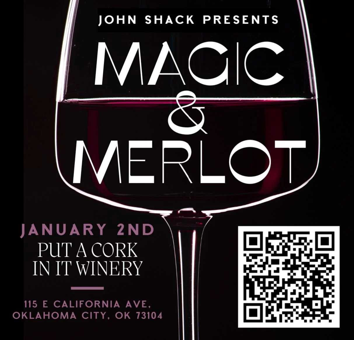 Magic & Merlot live comedy magic show featuring John Shack performing interactive magic and storytelling for a small, engaged audience.