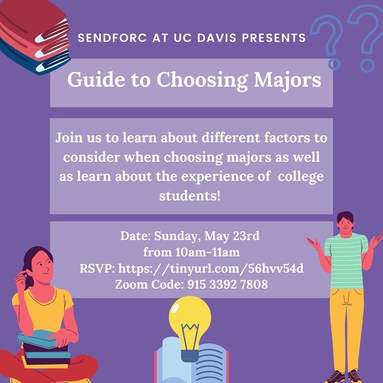 Confused over what major to choose? Look no further! SENDforC presents, &ldquo;Guide to Choosing Majors!&rdquo; Join us to learn about different factors to consider as well as seek guidance from a panel of college students!

Registration link in bio!