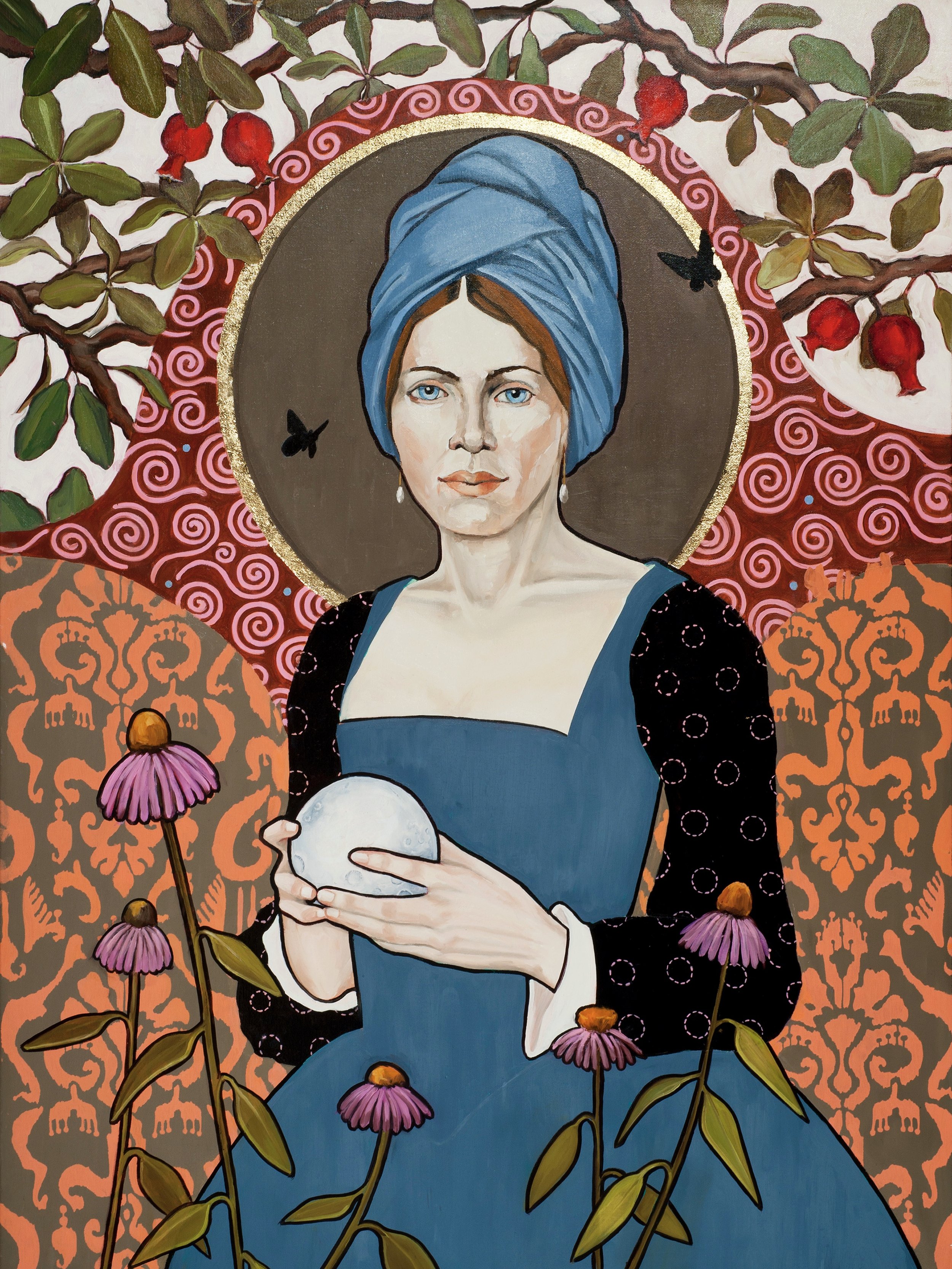 Celeste Amid The Coneflowers / oil and gold leaf on canvas / 40” x 30”