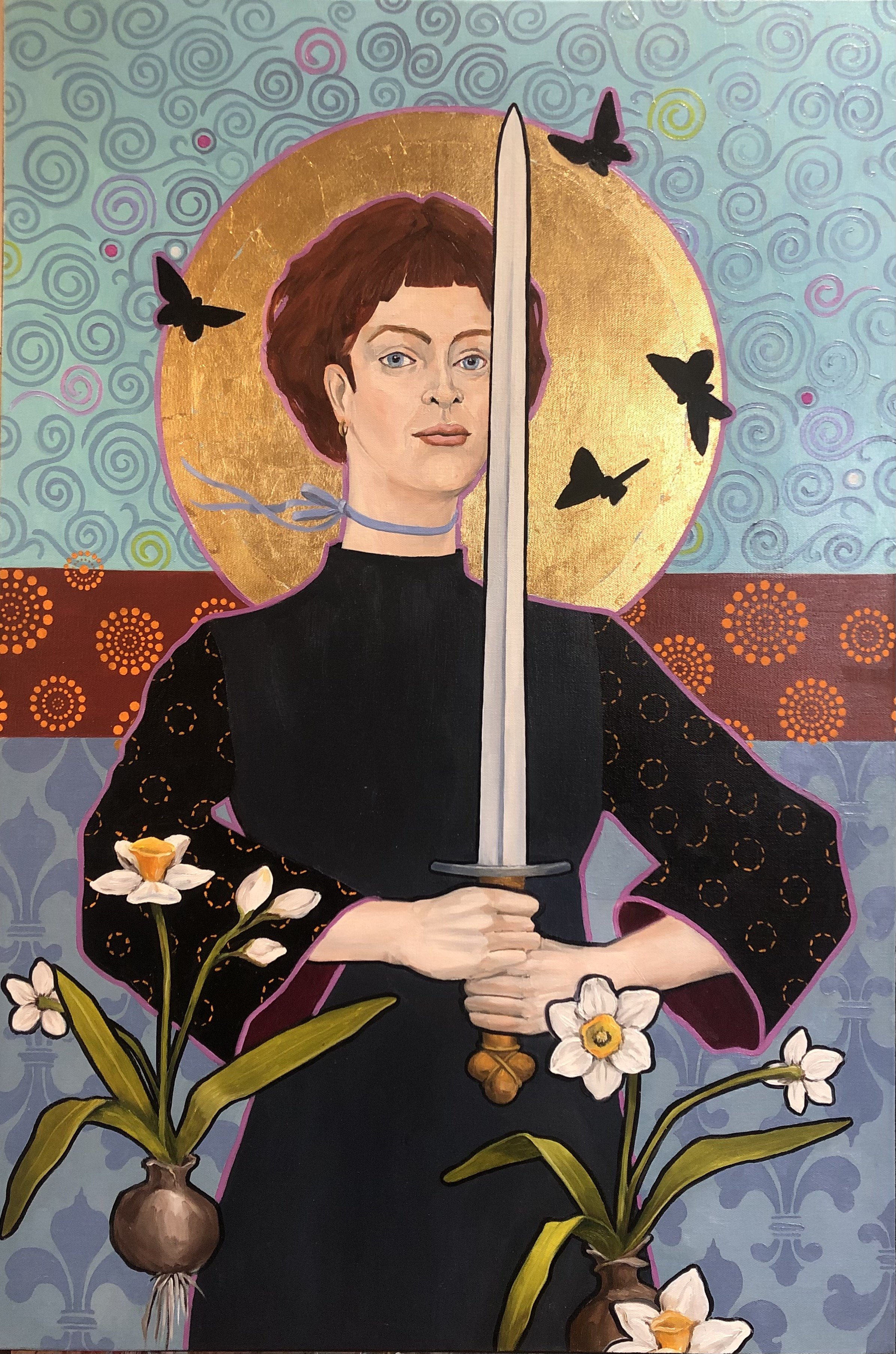 Joan Amid the Narcissus / oil and gold leaf on canvas / 33” x22”