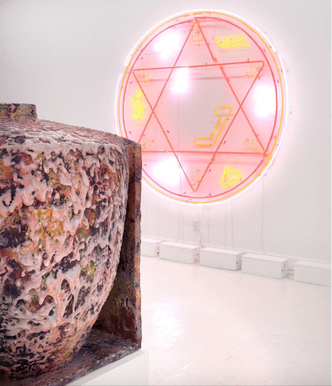 Forefront: Ceramics by Tyler Cross & Kyle Lypka Background: Neon by Meryl Pataky