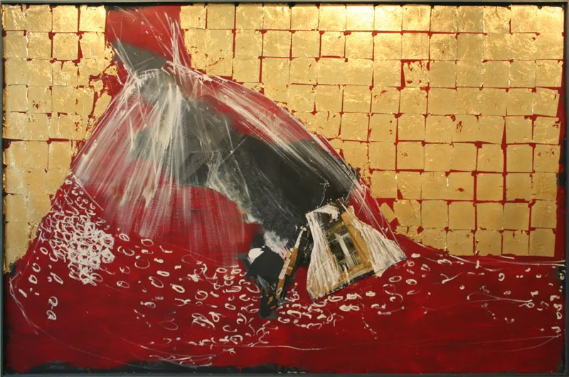 <i>The Red Dress</i>, Oil, gold leaf, and mixed media on canvas, 75x117in, 1997