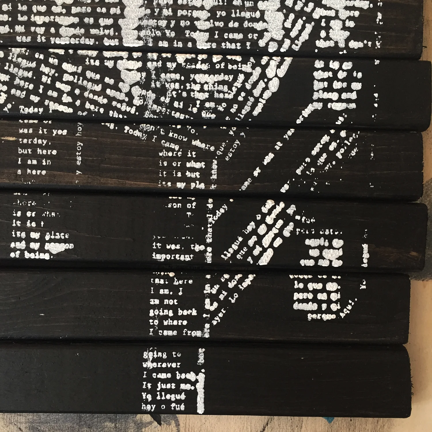  Detail of "In pieces, yet complete"  Silkscreen on wood 