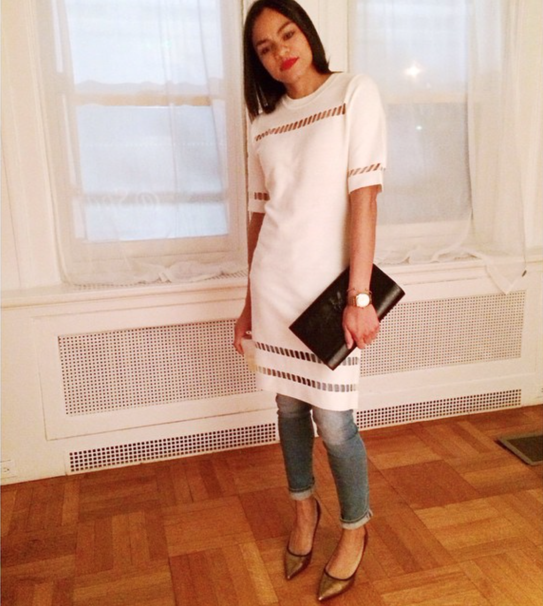 wearing: NastyGal dress, Rich & Skinny Jeans, Giuseppe Zanotti shoes YSL clutch, Burberry watch