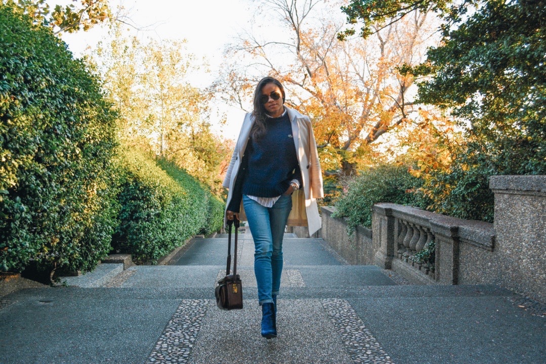 wearing: IZOD by Lacoste sweater, J.Crew button down, Rich & Skinny jeans, Velvet Kimchi Blue for Urban Outfitters boots, Club Monaco coat, Ray Ban sunglasses, vintage camera bag.
