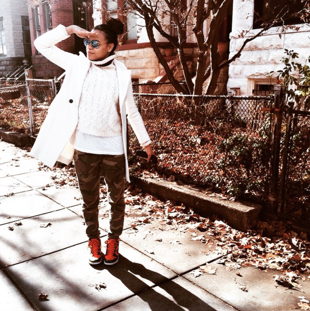 wearing: Topman joggers, Jones New York sweater, American Apparel tee, Club Monaco coat, custom Nike ID sneakers, Ray Ban aviators. 