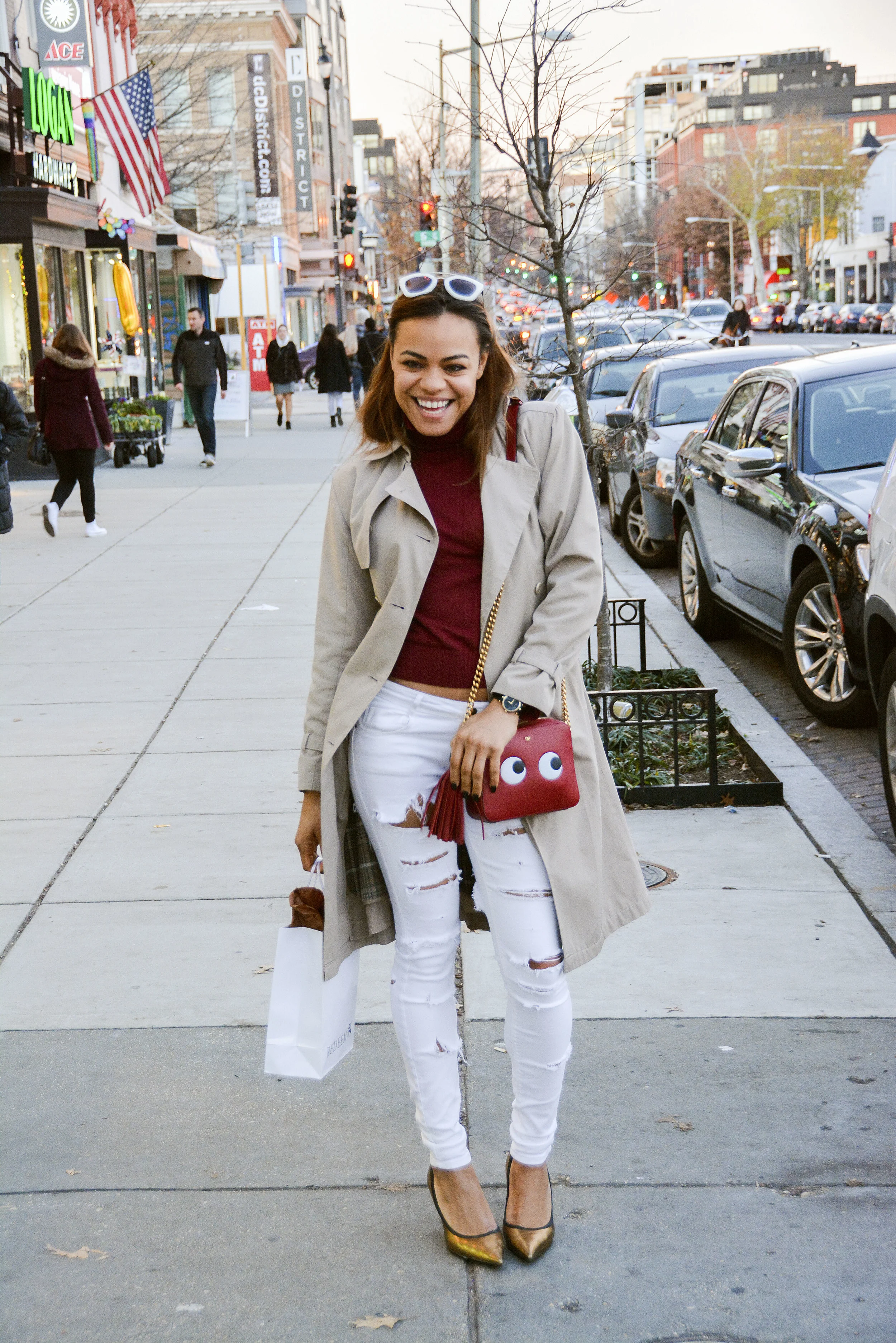 wearing: ZARA jeans, Giuseppe Zanotti shoes, ZARA turtleneck, Anya Hindmarch crossbody bag, Gucci watch, Prada sunnies, shopping bag from Redeem.