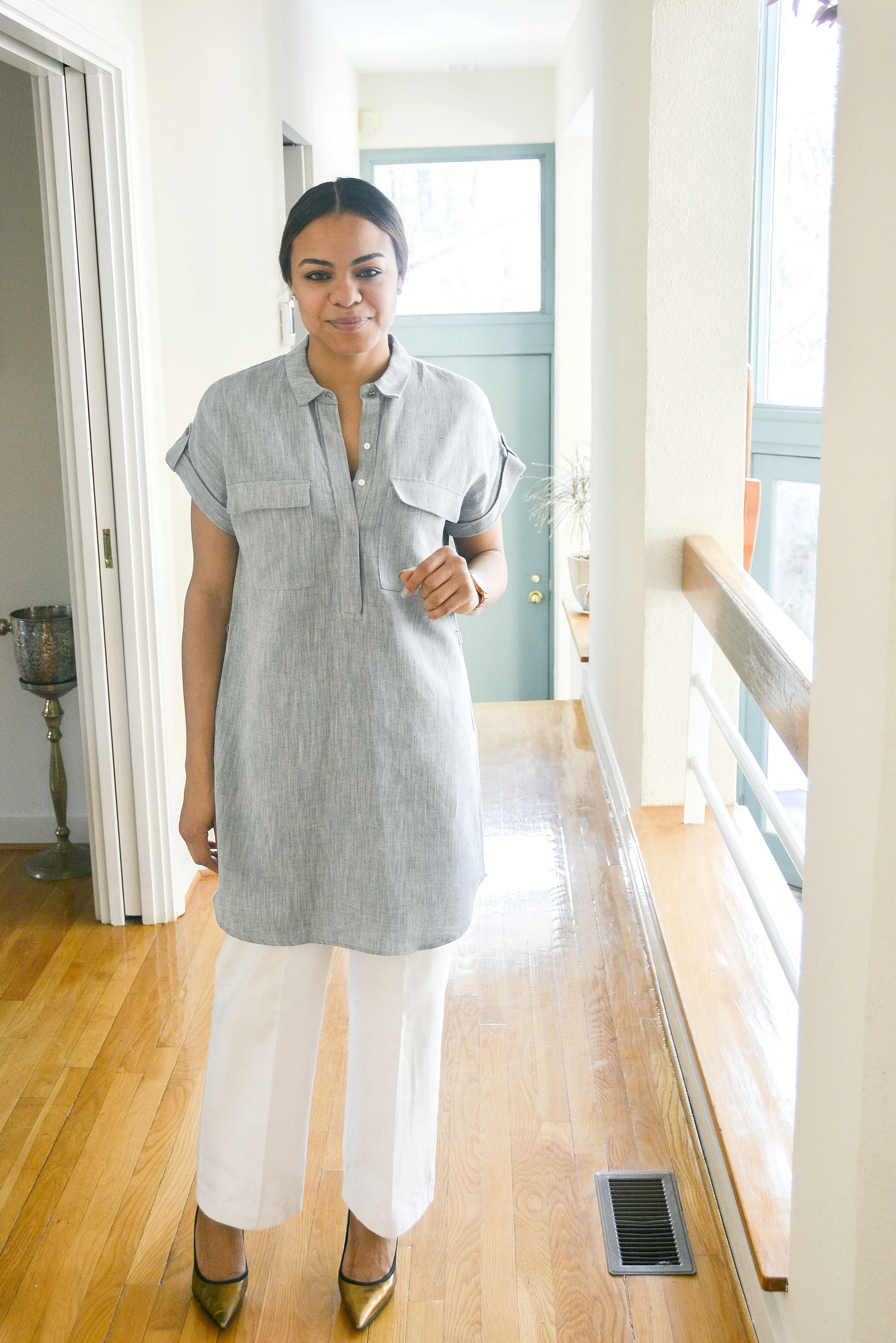 wearing: American Apparel pants, Zara shirt dress, Giuseppe Zanotti heels, 