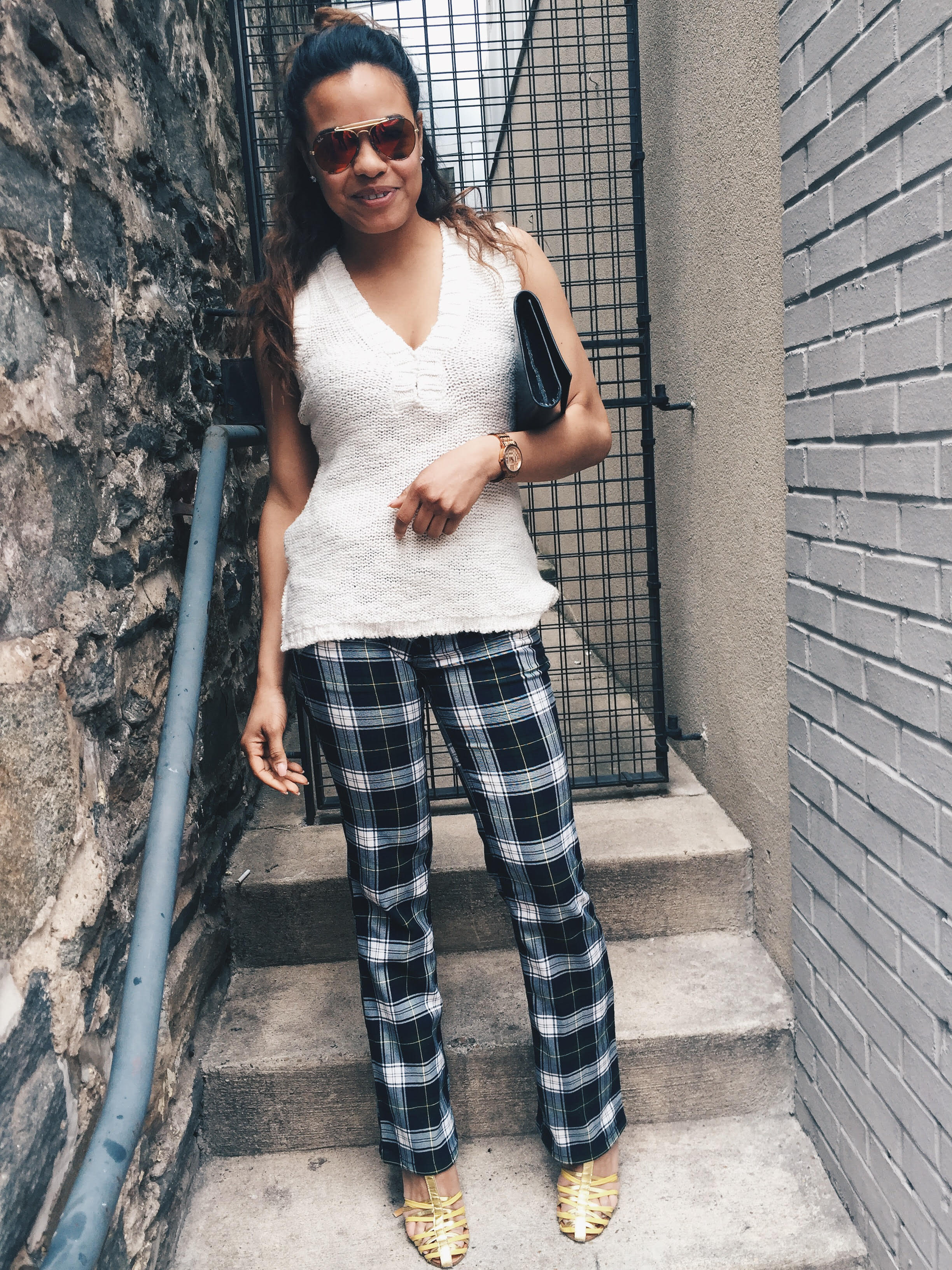 wearing: American Rag top, Vintage Tommy Hilfiger pants, Rebecca Taylor heels, YSL clutch, Ray Ban sunnies and Burberry watch