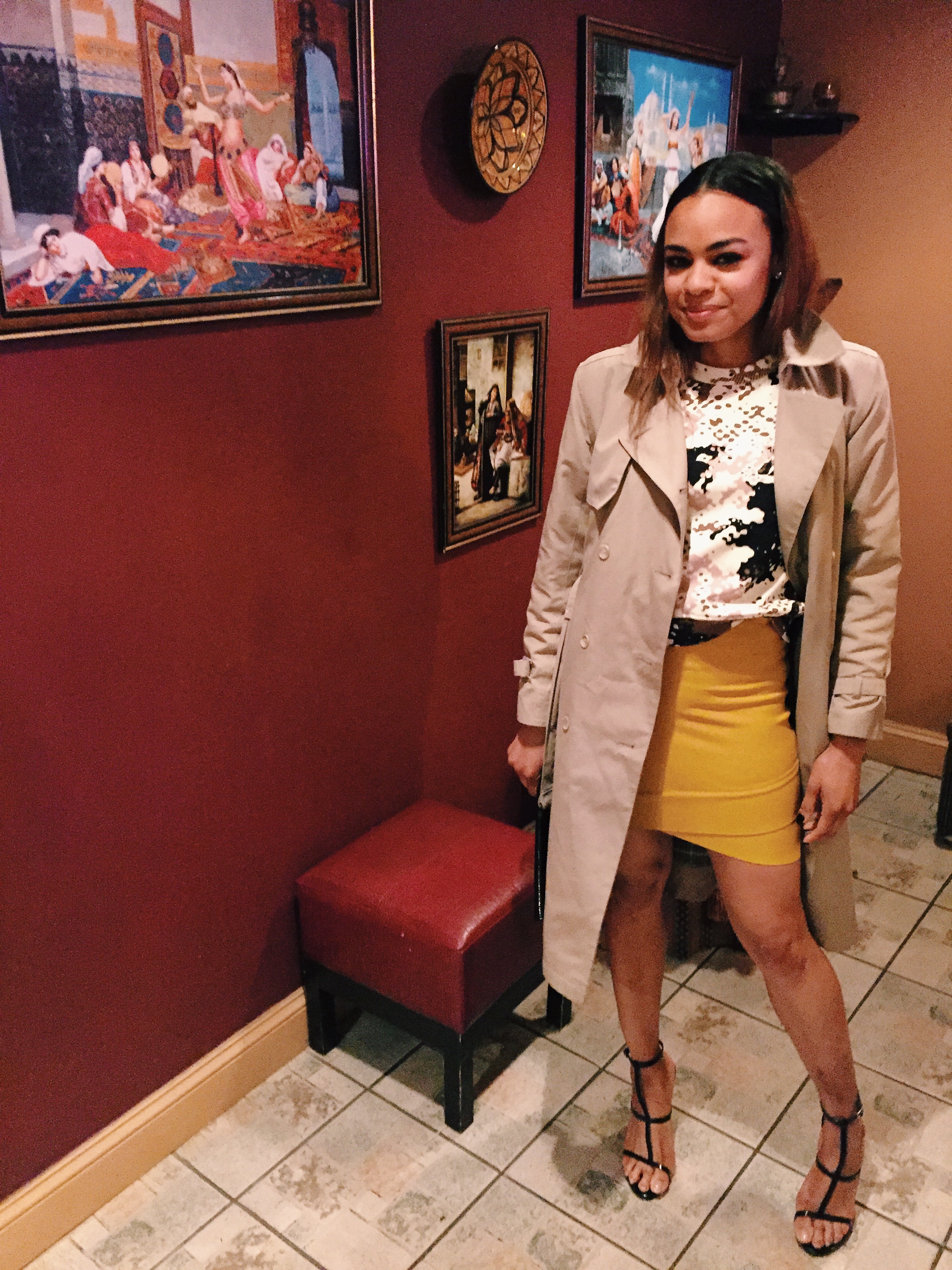 wearing: skirt by BCBG Max Azria, Forever21 shoes, Rag & Bone top, London Fog trench